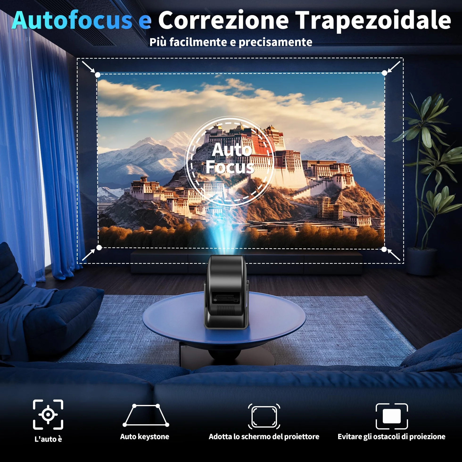 Mini Projector [Integrated Apps & 2026 Upgraded] Supporto 4K 1080P, Portable Projector Auto Focus/Keystone avec WiFi 6 et Bluetooth 5.4 Correction 360°Rotation, Mini Proiettore Home Theater - Grigio