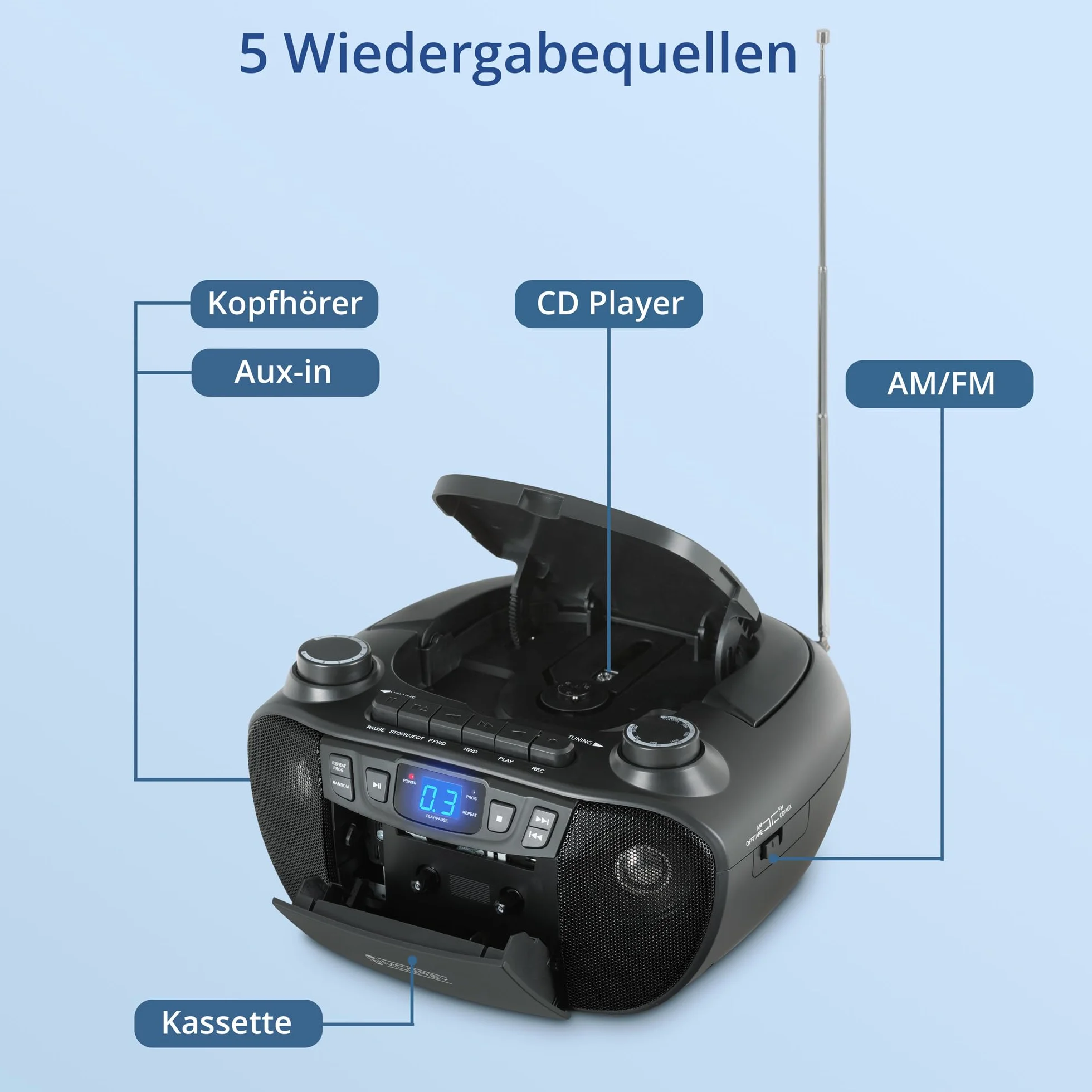 CDB-1016 BK Boombox con cassetta, lettore CD, radio portatile, registratore con ingresso AUX e uscita cuffie - Funzionamento tramite cavo o 6 batterie