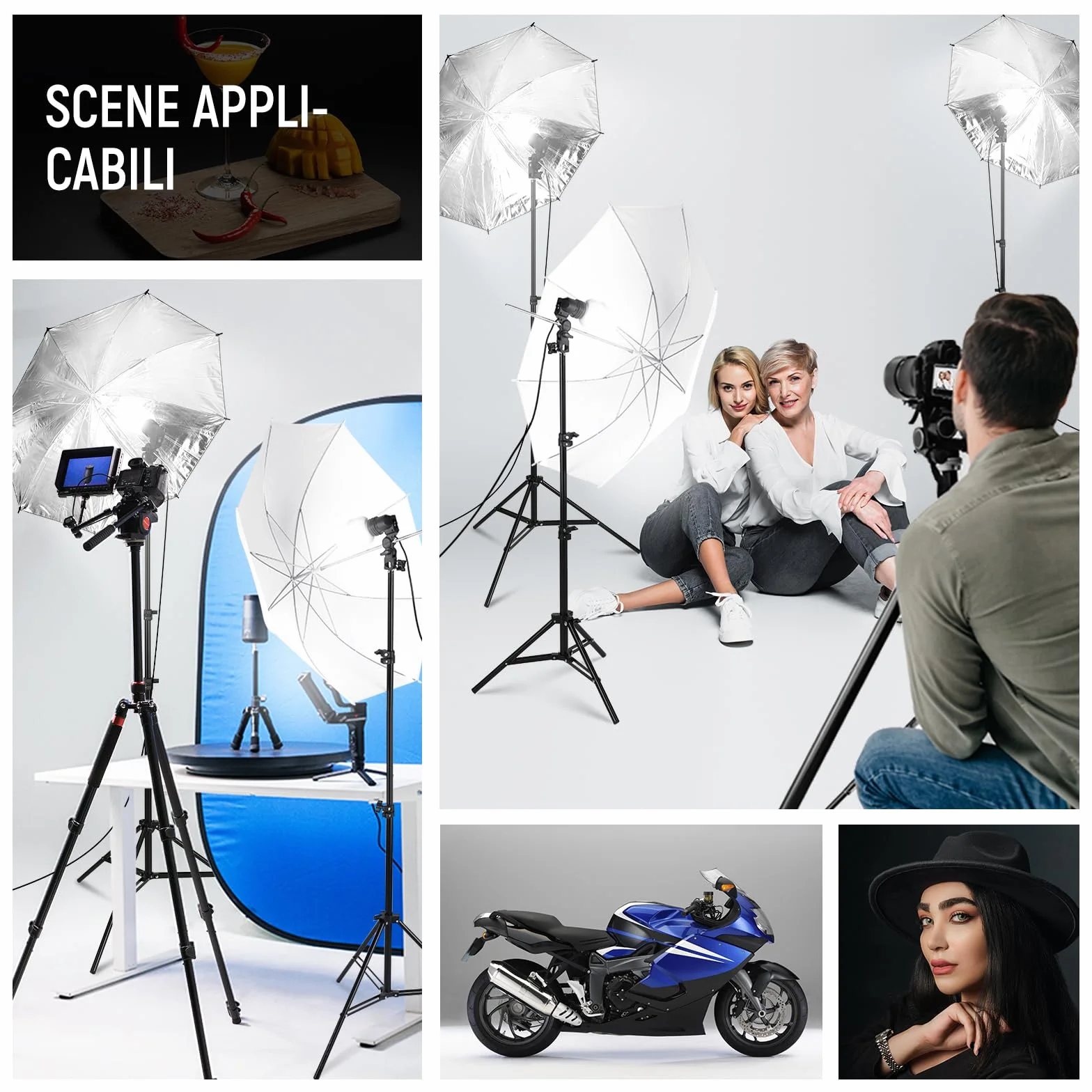 NEEWER Kit di Illuminazione Fotografica 600W,Equivalente a Incandescenza con 2 Ombrello Bianco,2 Ombrello Nero, 3 Lampadina LED da 24W,3 Stativo per Luce, 2Borsa, 5 Fascetta,3 Base per Presa E27,NK500