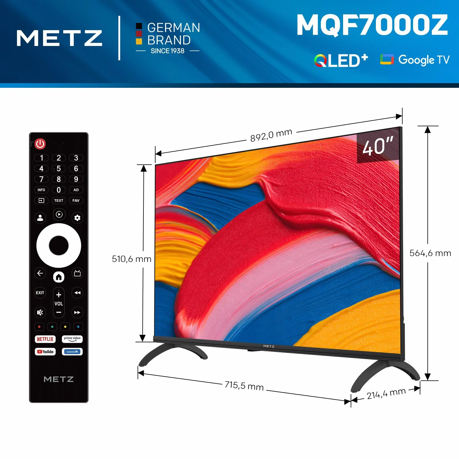 Metz QLED 40" Smart TV FHD MQF7000Z, HDR10, Dolby Audio, Google TV, DVB-T/T2/C/S/S2