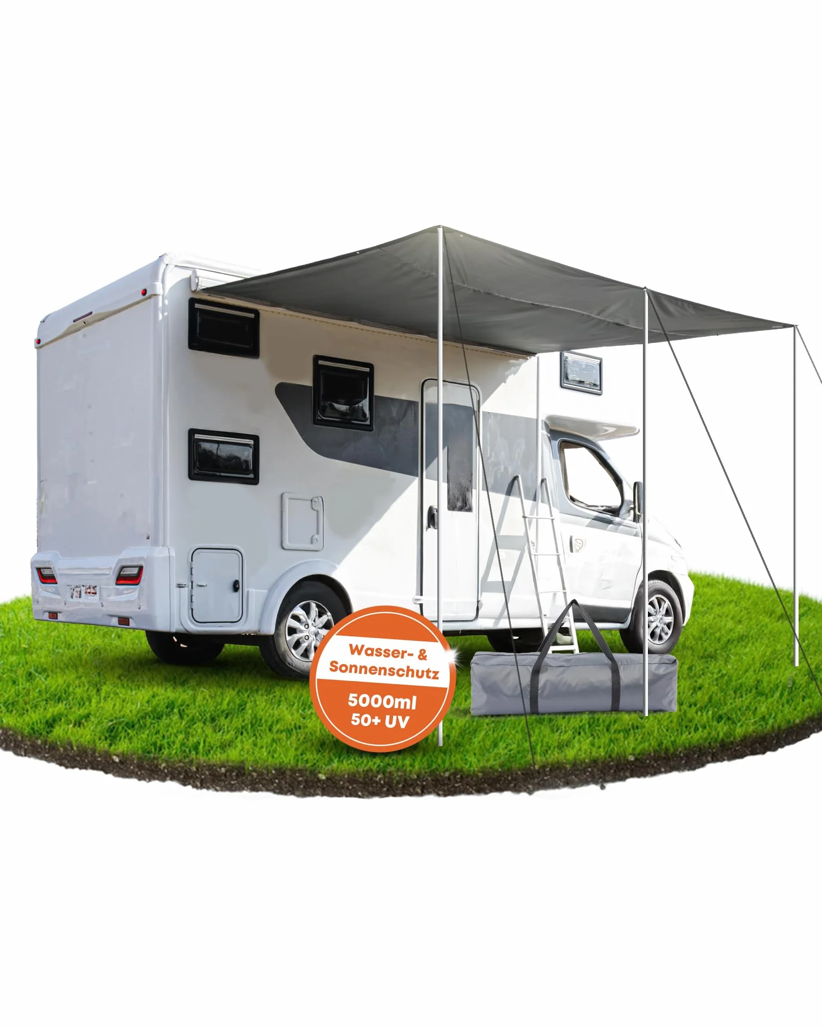 Tenda da sole per roulotte 450x240 cm 2 listelli 3 aste alluminio protezione acqua 5000 ml UV 50+