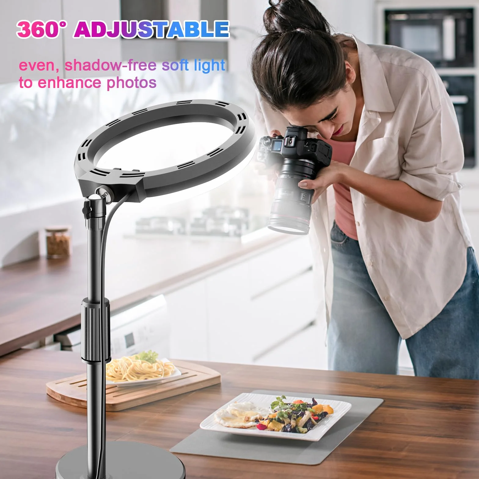 PEYOU Anello luminoso con supporto e supporto per telefono, desktop dimmerabile da 10" 【RGB e LED】 Luce circolare per riunioni Zoom/streaming live/video/YouTube/Tiktok/Vlog