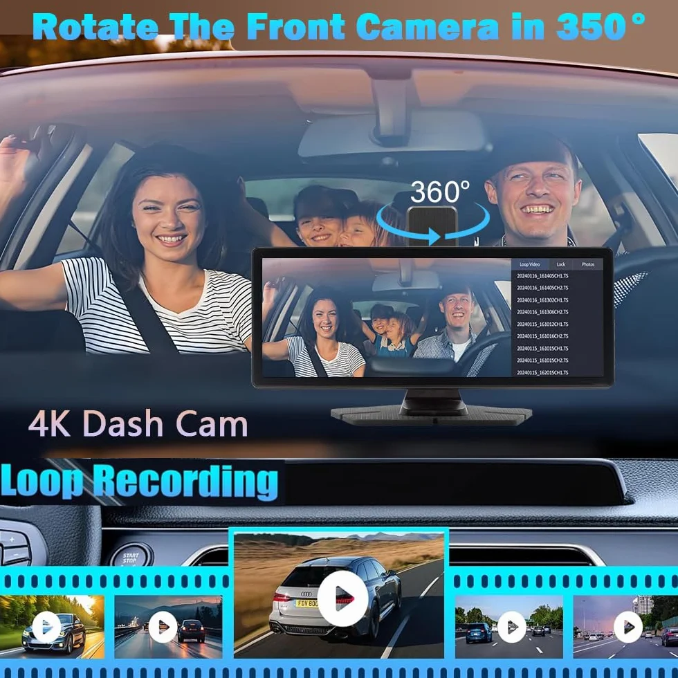 Wireless Carplay Screen 10.26" 360 Rotazione 4K Dash Cam Android Auto Stereo con 1080p Backup Camera GPS Navigation