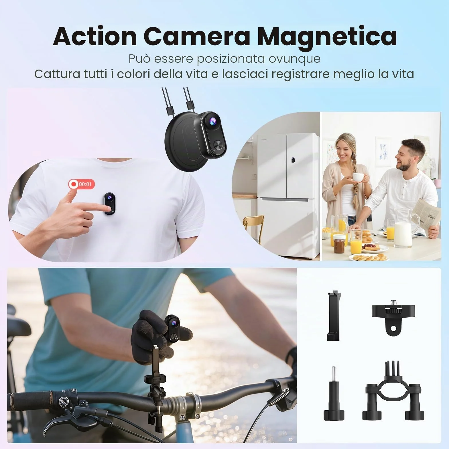 Mini Action Cam 4K,20 MP Portatile Body Camera,6 Assi Stabilizzata POV Camera,Macchina Fotocamera Subacquea 40M,WiFi Mini Videocamera Magnetica (64 GB e Accessori di Montaggio)