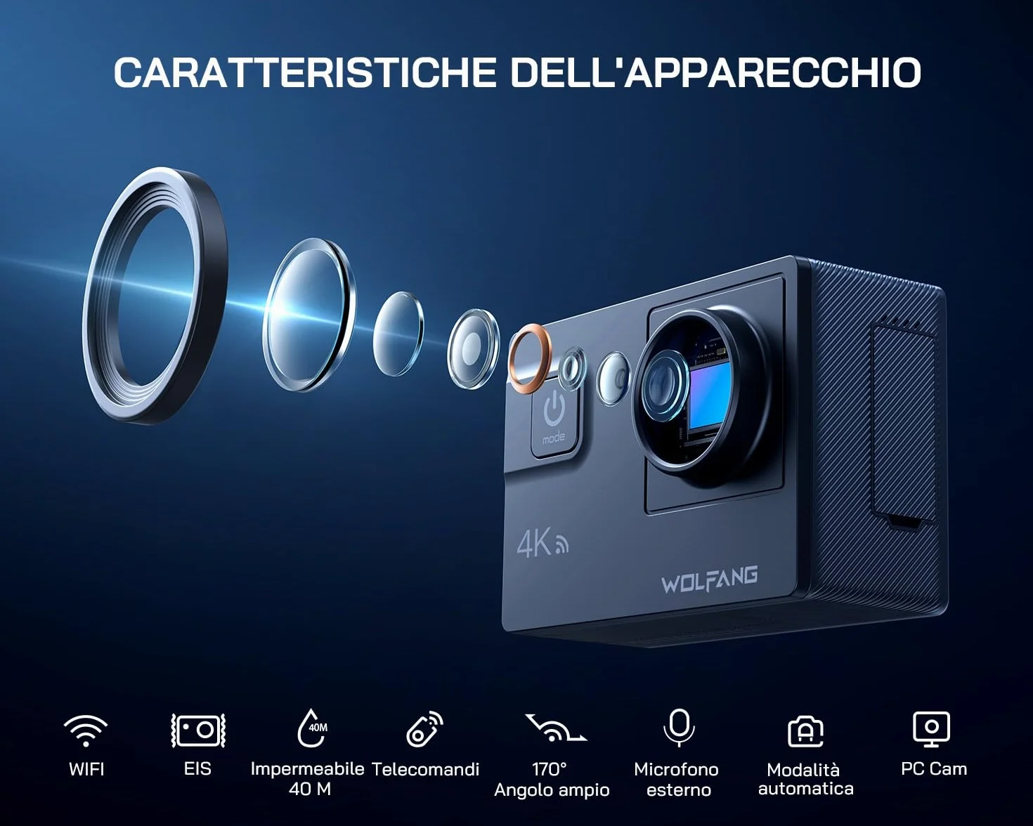 WOLFANG Action Cam GA300 4K 60FPS, 20MP WiFi EIS Action Camera con schermo tattile, 8X Zoom Fotocamera Impermeabile 40M Subacquea Videocamera, Mic Esterno, Telecomando 2x1350mAh Batterie e Accessori