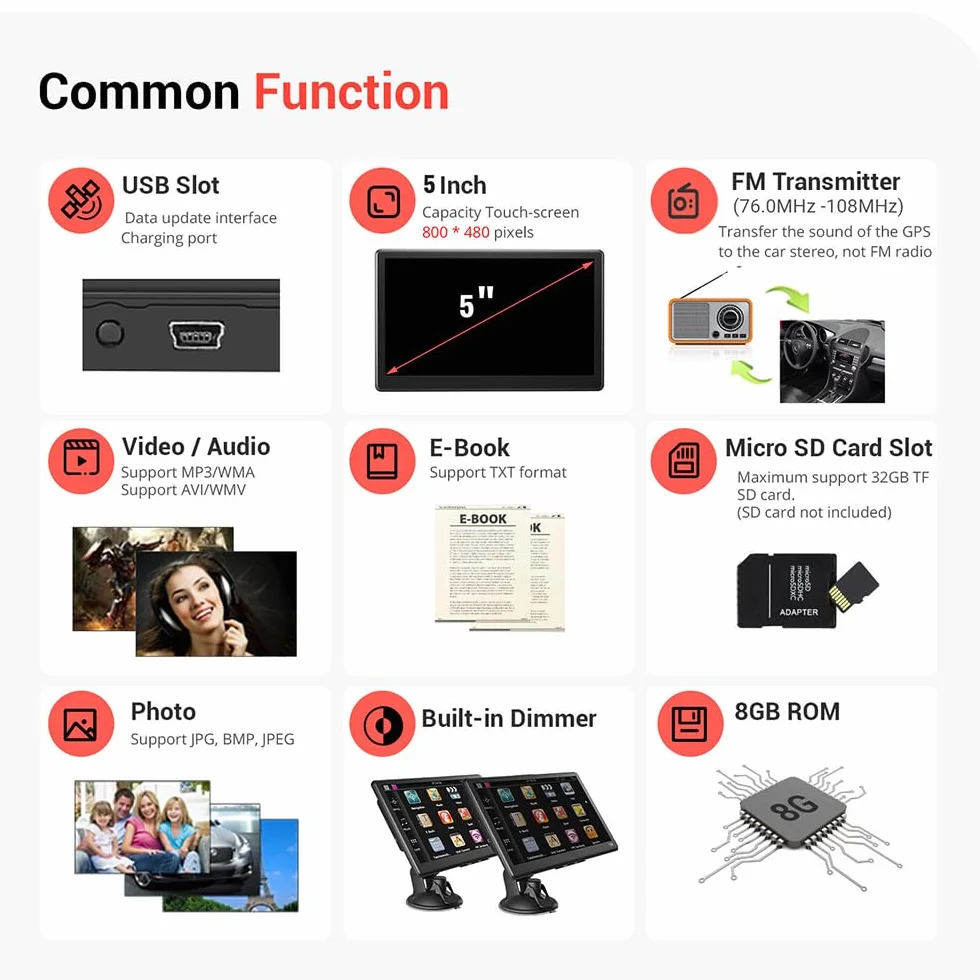 NEWFUN Navigatore Camion,Navigatore Auto,2025 5 Pollici GPS Touchsceen 8GB,con POI Avviso Guida vocale Lane Programma gratuito a vita Aggiornamento UE,per Auto Camion