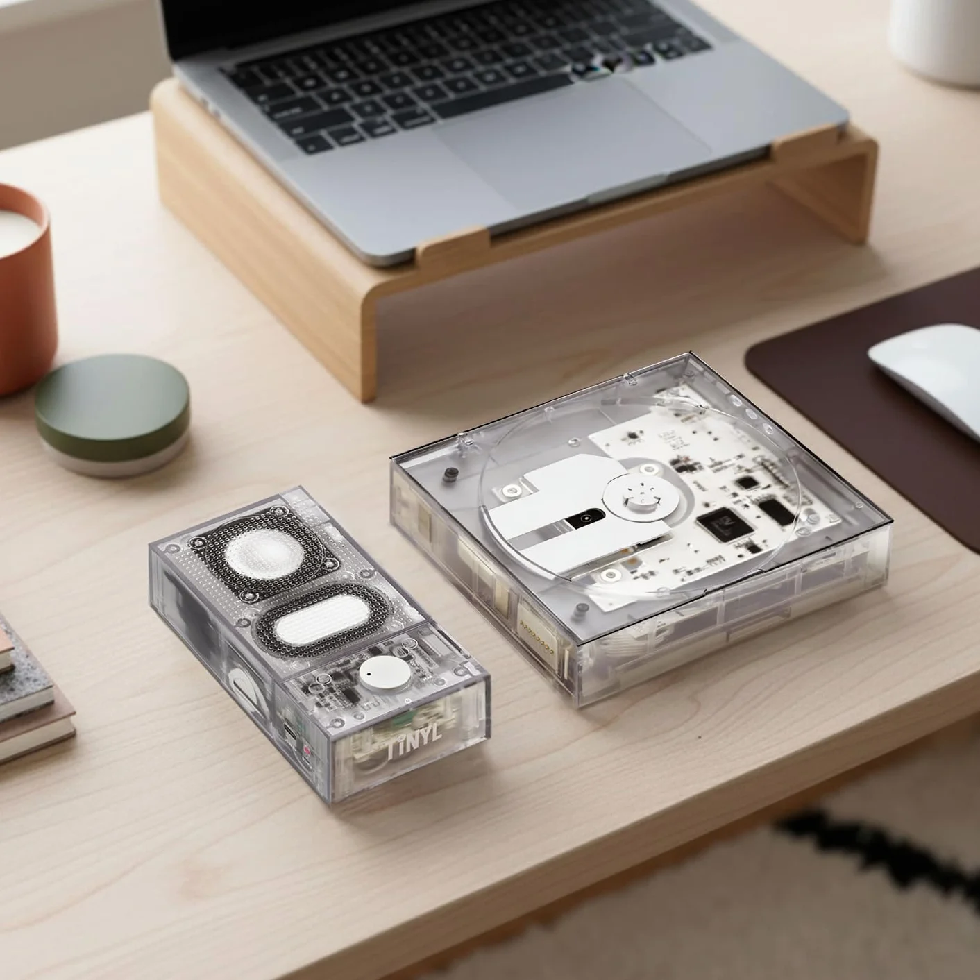 [Tinyl Split] Lettore CD 3 in 1 completamente nuovo e aggiornato, altoparlante Bluetooth rimovibile e lettore CD, portatile, ricaricabile, per la casa come regalo (bianco trasparente)