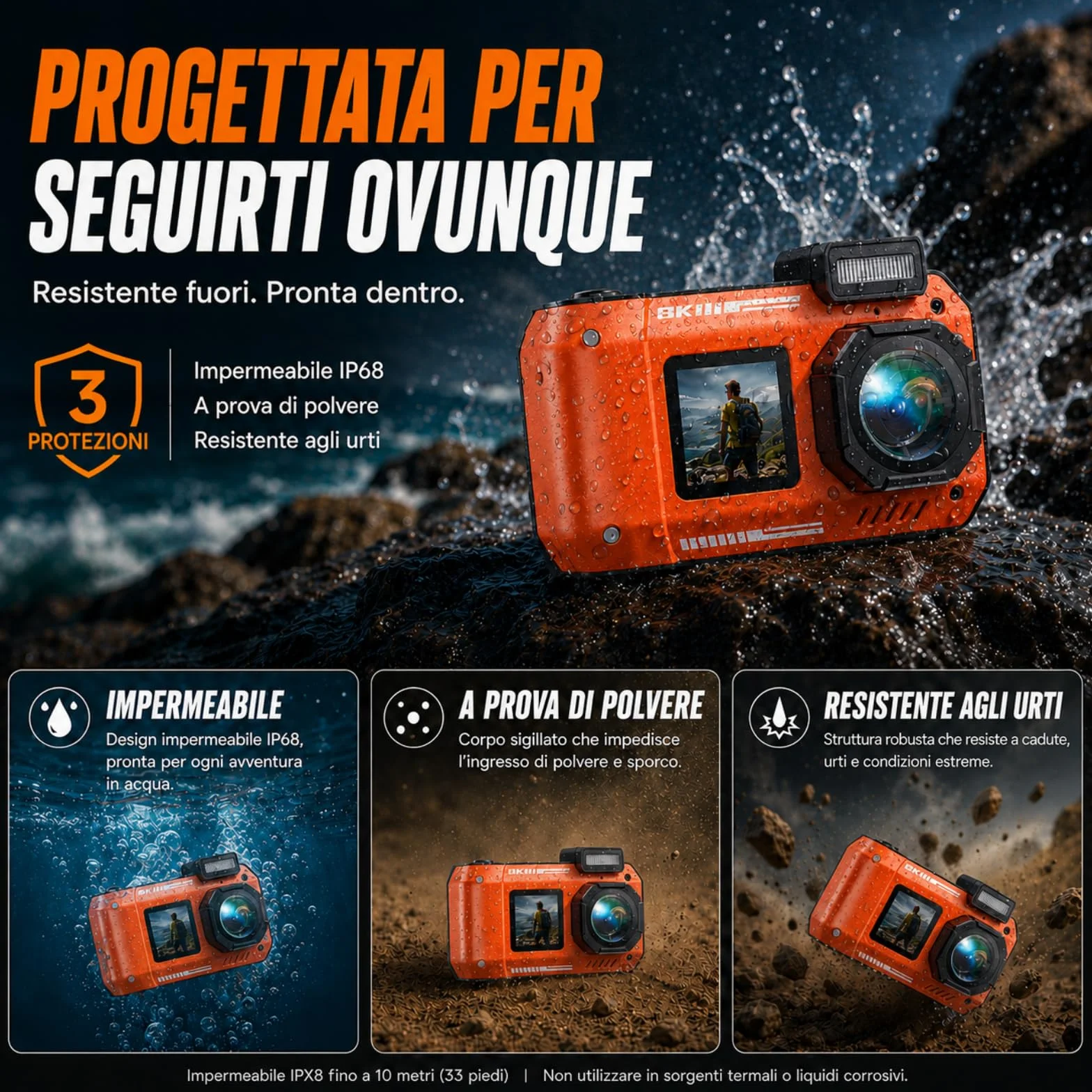 MaxMango D50 33FT Macchina Fotografica Subacquea Impermeabile, 8K 70MP Fotocamera Digitale con 16 GB di Scheda, Doppio Schermo 2.8'' per Selfie, 18x Zoom, Resistente a Polvere e Urti per Snorkeling