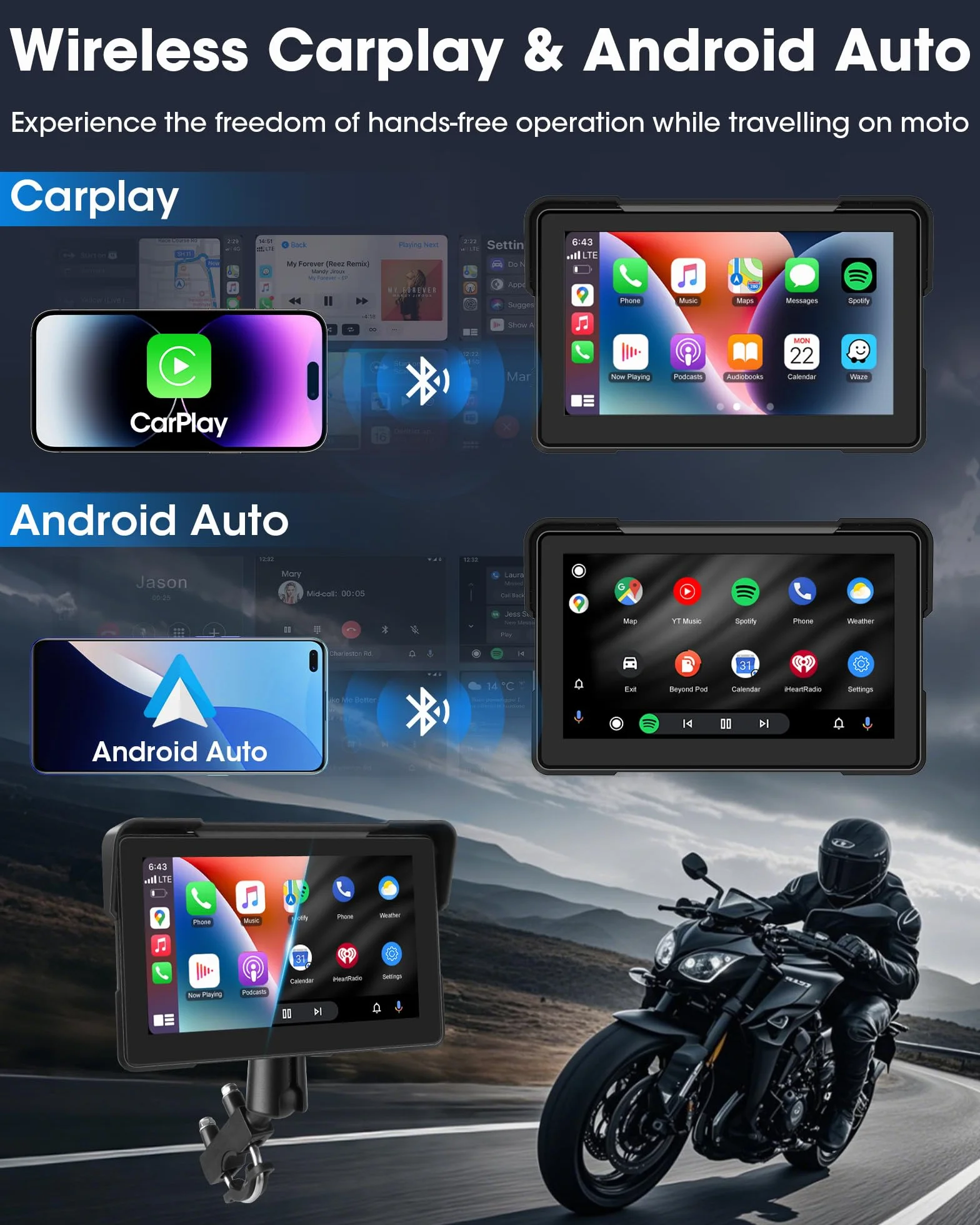 7 Pollici Carplay Moto e Android Auto Navigatore Moto Portatile Senza Fili con Motociclette Navigazione, Supporto Siri/G-oogle Assistant, Bluetooth, IP67 Impermeabile per il Viaggio Pendolare