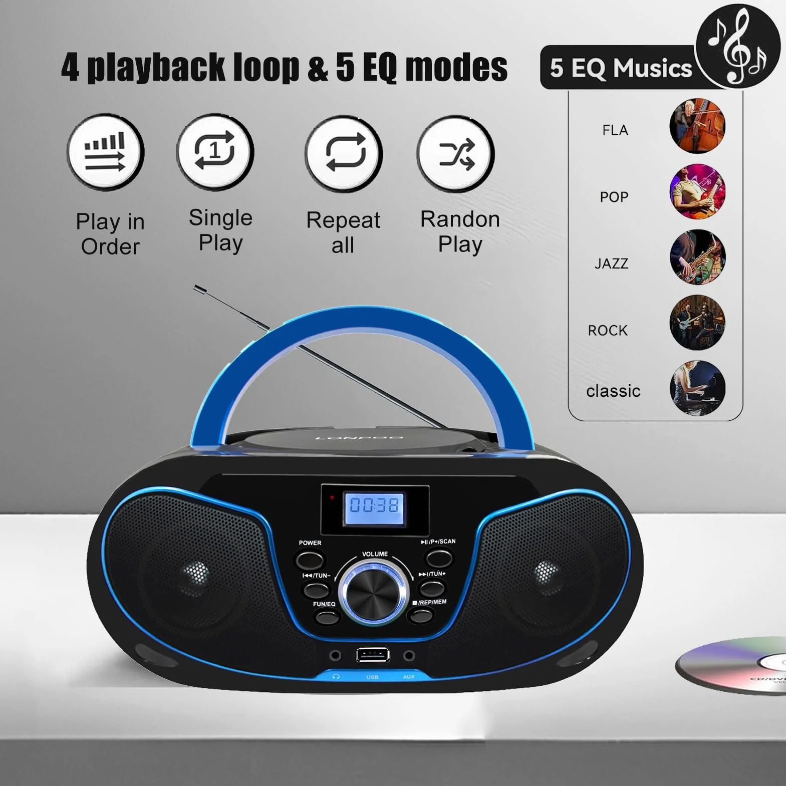LONPOO Lettore CD Boombox Portatile - Stereo con Radio FM, Ingresso Bluetooth, USB, AUX, Uscita Auricolari, Audio Domestico Compatto, AC o Alimentato a Batteria (LP-D02)