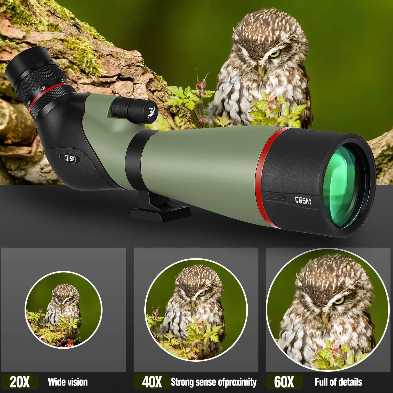 Gosky Cannocchiale 20-60x 80 - BAK4 Mirino angolato per tiro al bersaglio Caccia Uccelli Osservazione degli animali selvatici con smartphone Adatper e adattatore
