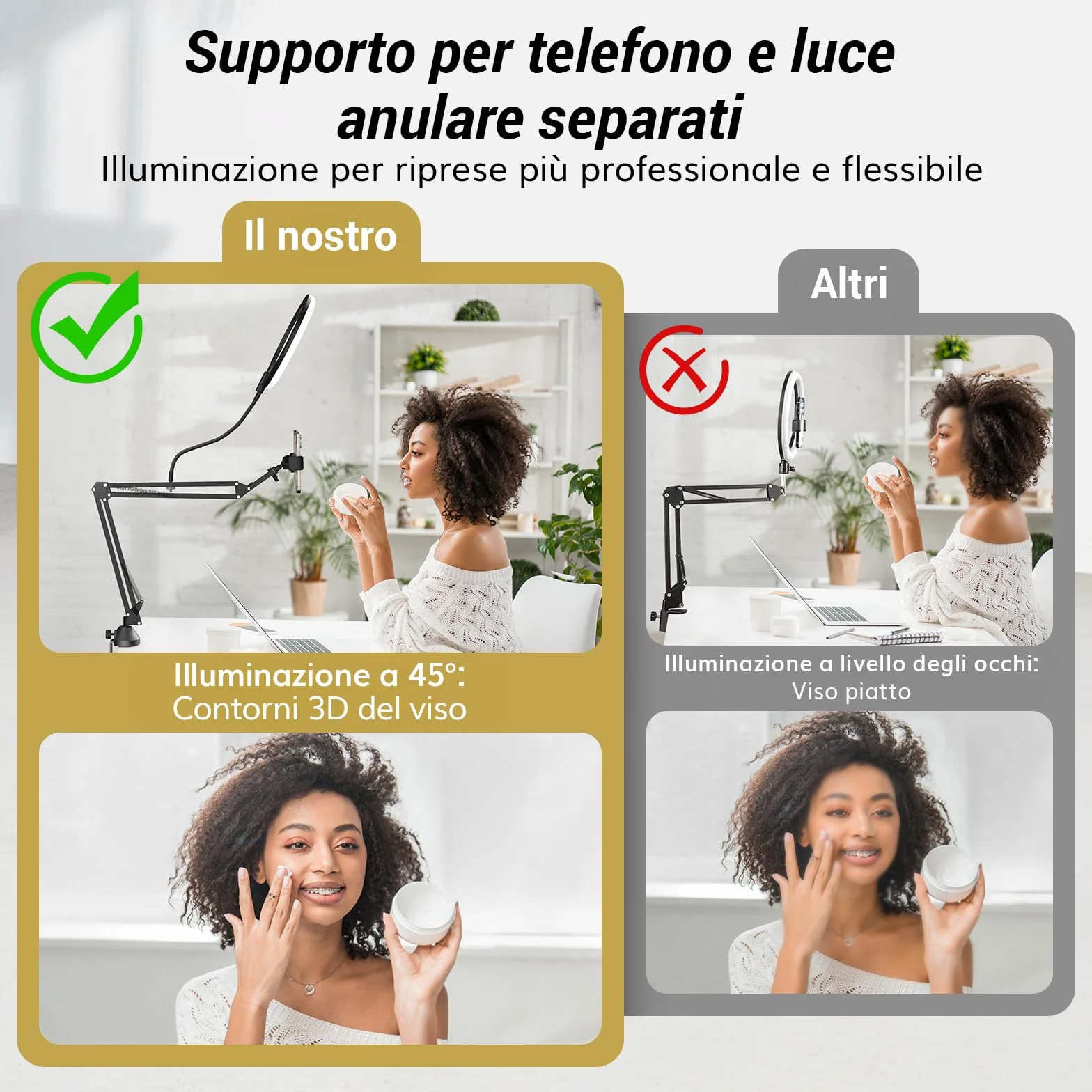 Kit luce anulare TONOR, luce anulare da 10" con braccio Heayy Duty e supporto per telefono, angolo regolabile, adatta per registrazione video, streaming live, disegno, trucco per unghie