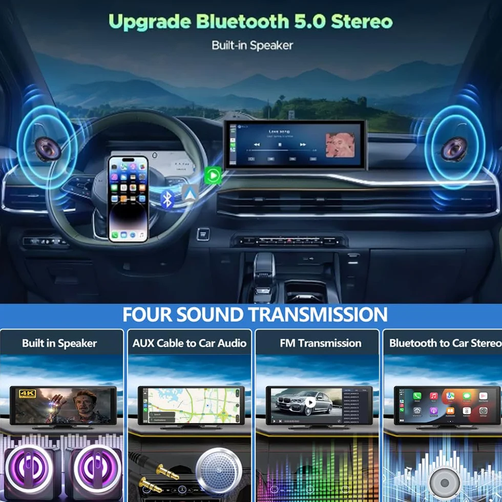 Wireless Carplay Screen 10.26" 360 Rotazione 4K Dash Cam Android Auto Stereo con 1080p Backup Camera GPS Navigation
