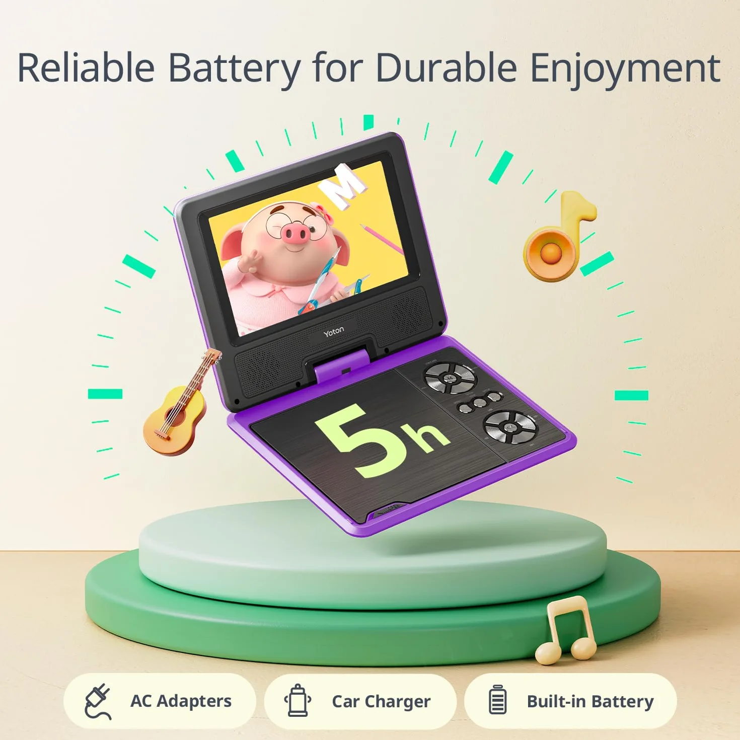 Yoton Lettore DVD portatile da 9,5 pollici per bambini e auto, schermo HD girevole da 7,5 pollici con 4-6 ore di batteria integrata, supporto schermo di sincronizzazione alla TV, supporto scheda