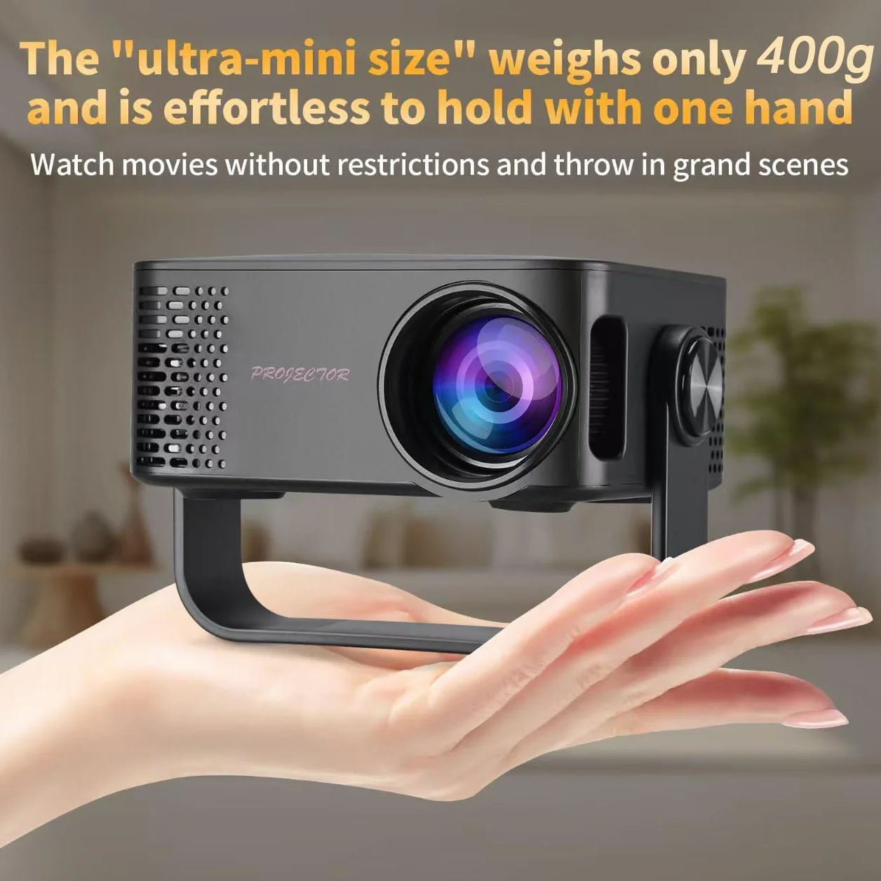 Mini Proiettore, 4K 1080P Proiettore Portatile con Zoom, Support WiFi Rotabile 360°, Video Projector TV Home Cinema per Cellulari Tablet/Laptop/PC/HDMI/USB(Nero)