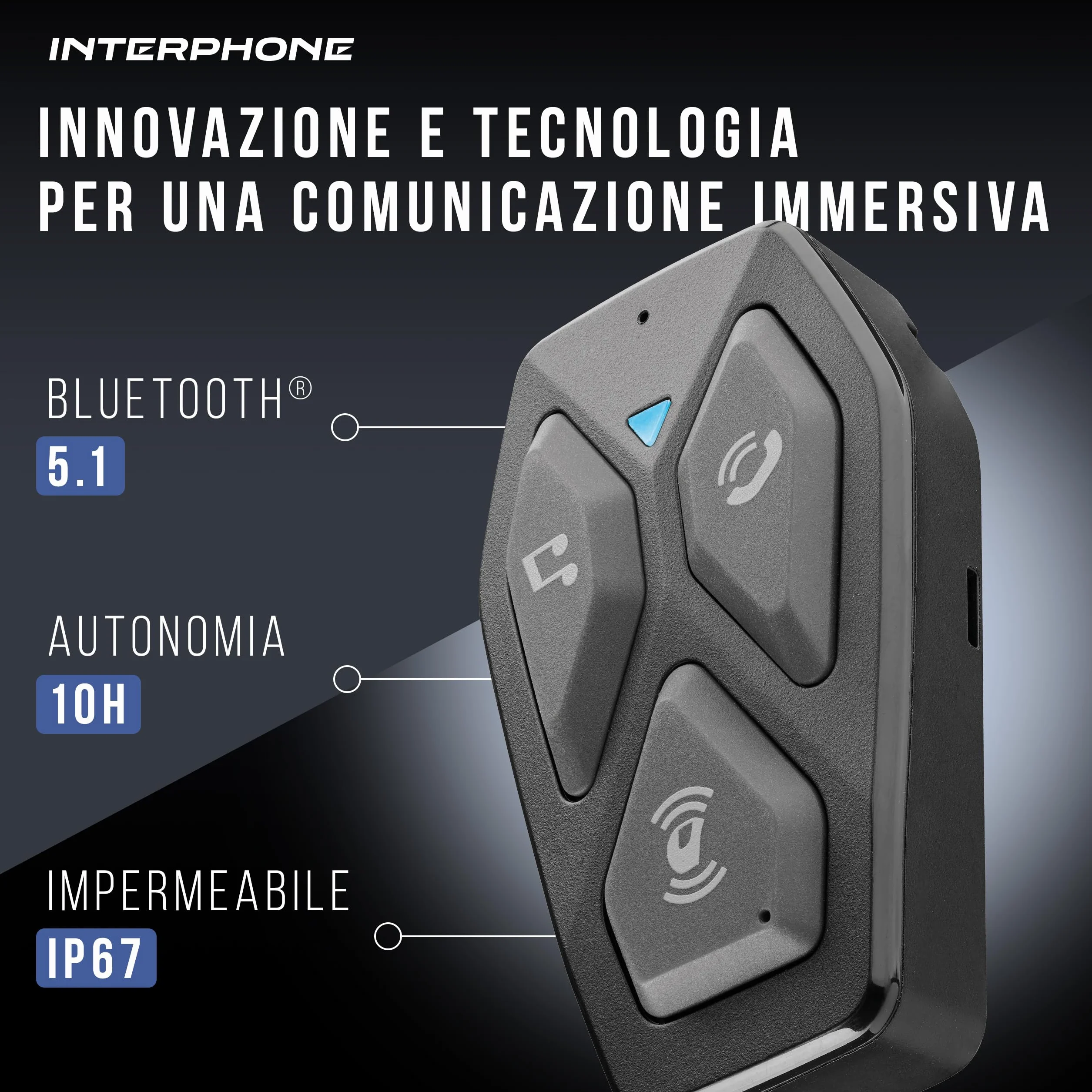 INTERPHONE U-COM 3HD Singolo, Interfono moto di gruppo per 4 utenti fino a 500mt, Interfono casco Bluetooth 5.1 con auricolari HD 40mm per musica, chiamate e GPS, Autonomia 10h e impermeabile IP67