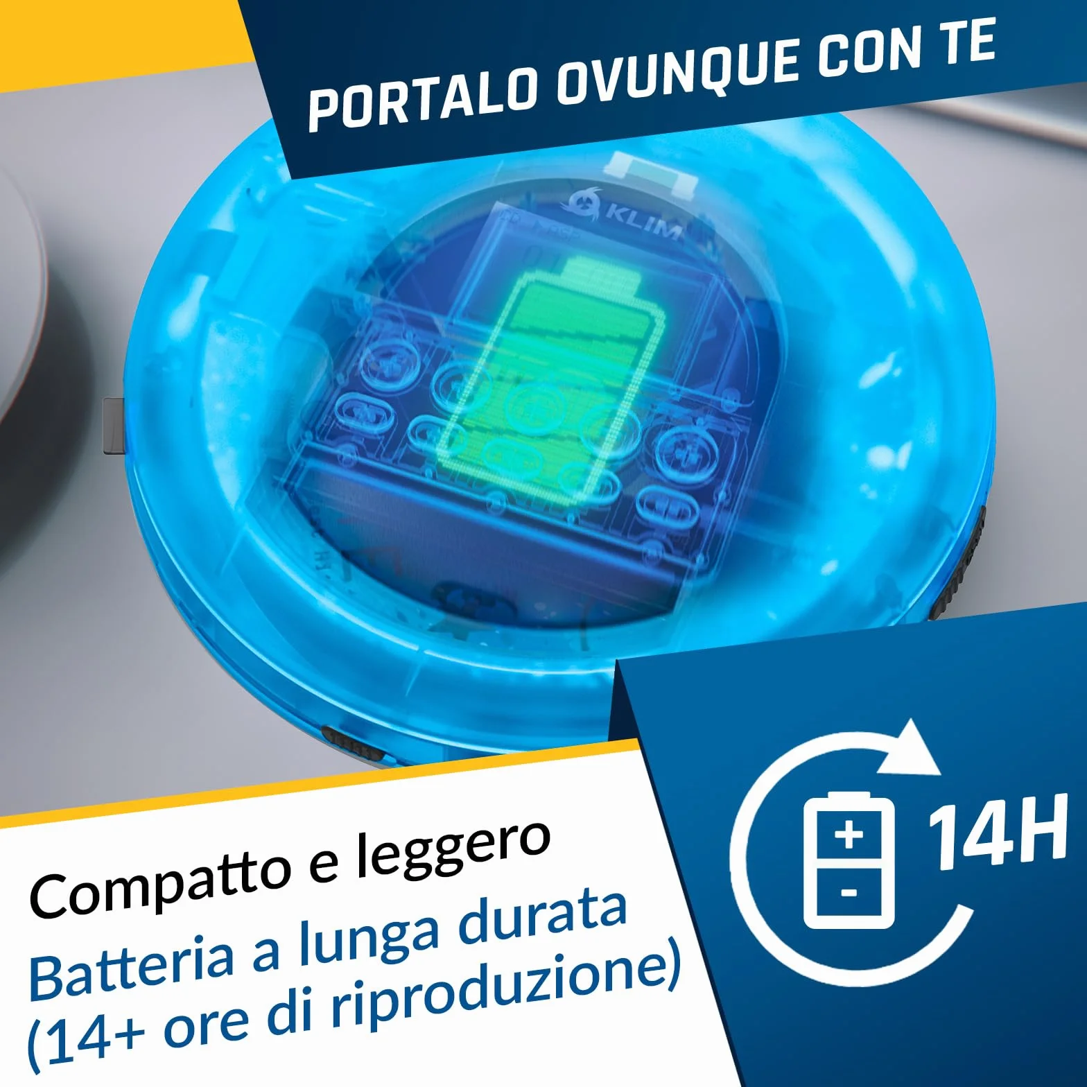 KLIM Nomad Transparent Blu - Lettore cd portatile - Batteria a Lunga Durata - Include Auricolari KLIM Fusion - con CD-R, CD-RW, MP3 - Lettore SD, Radio FM, Bluetooth - Ideale per Auto - Hi-Fi - Nuovo