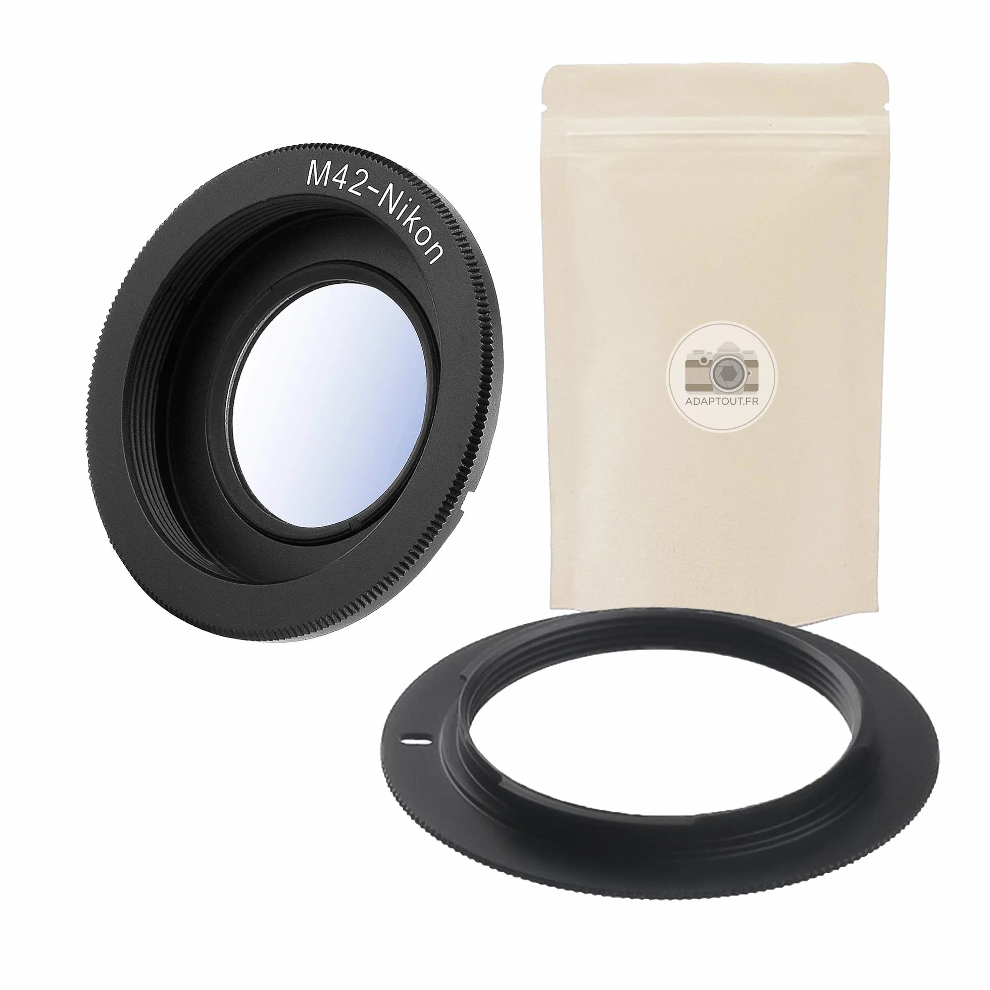 2x M42 AI : 1 classico e 1 con lente - Anello adattatore per obiettivo M42 verso corpo macchina Nikon AI-F AI F - 100% in metallo - Adaptout marca francese