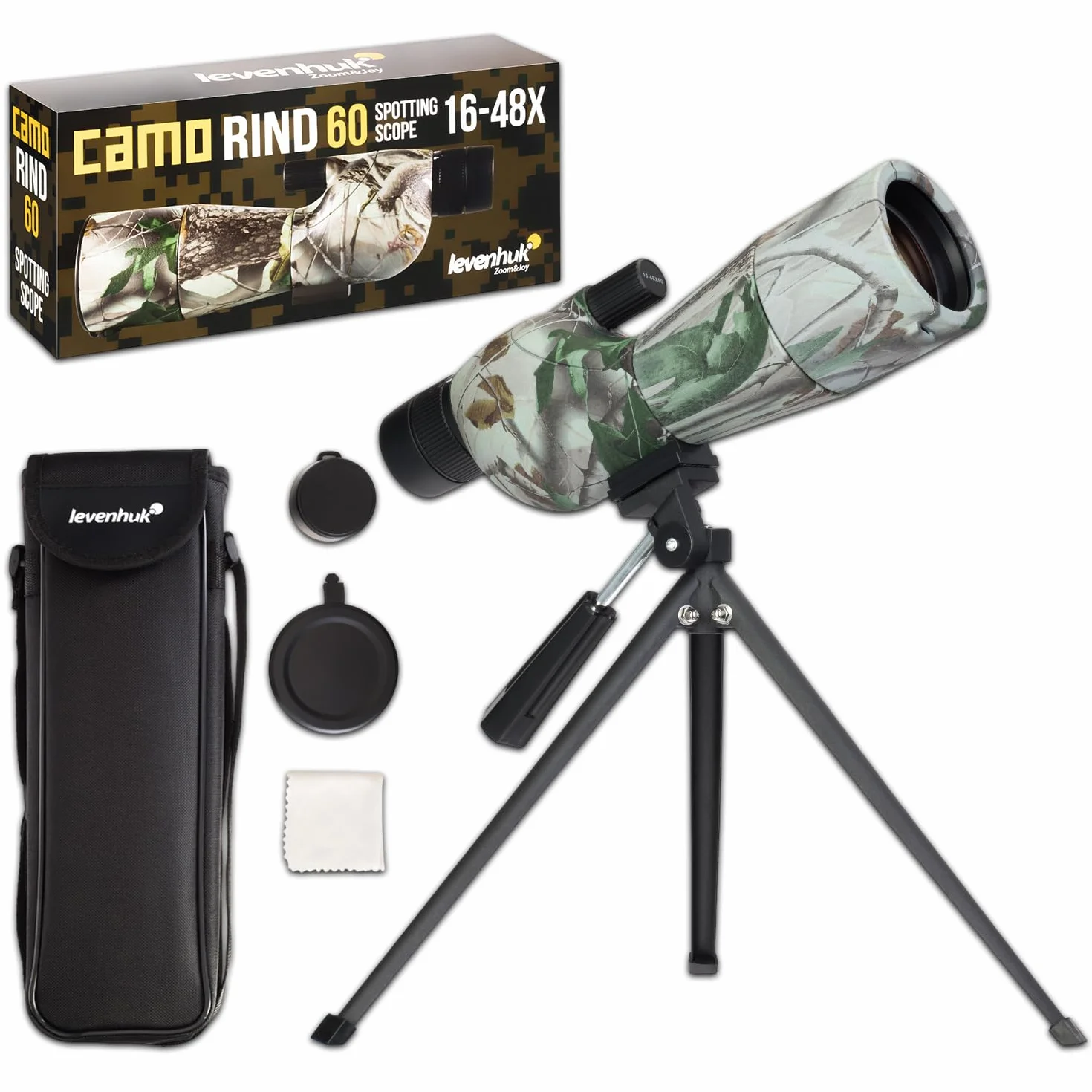 Levenhuk Camo Rind 60 – Cannocchiale Terrestre con Treppiede, Zoom 16-48x, Ottica BK-7 Fully-Coated, Design Mimetico – Robusto per Caccia, Arceria, Tiro a Segno, Birdwatching, Natura, Campeggio