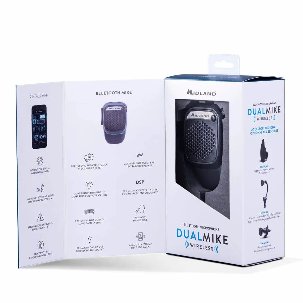 Midland Microfono Wireless Bluetooth Dual Mike CB Talk Vivavoce Camion Auto Camper Analogica Digitale Altoparlante Super Bass 3W DSP Supporto Light Ring