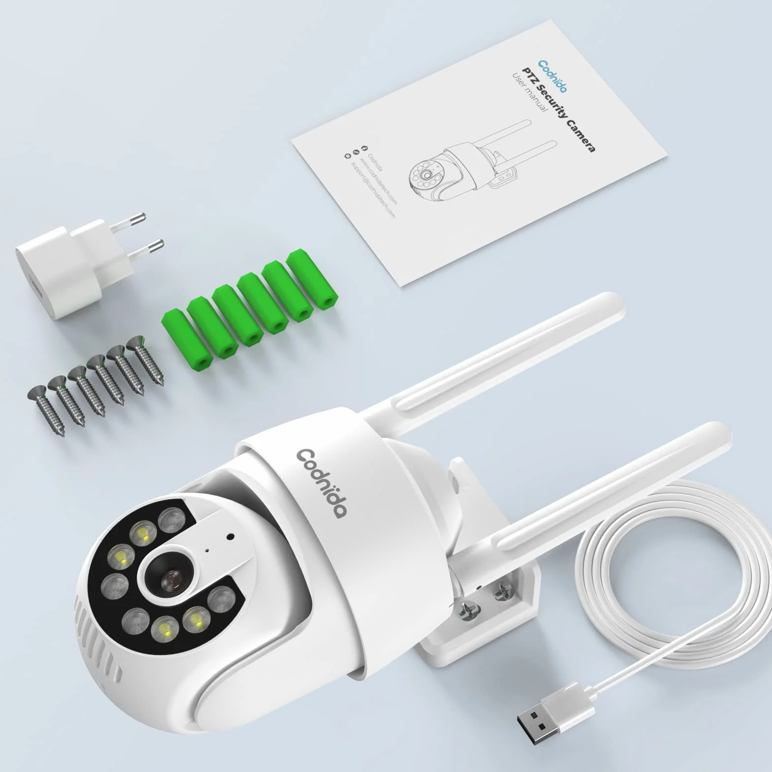 2K Telecamera Wi-Fi Esterno con vista a 360°, Codnida 3MP Videocamera Sorveglianza con fili PTZ Telecamera con Visione Notturna, Tracciamento Automatico del Movimento,Allarme Sonoro e Luminoso