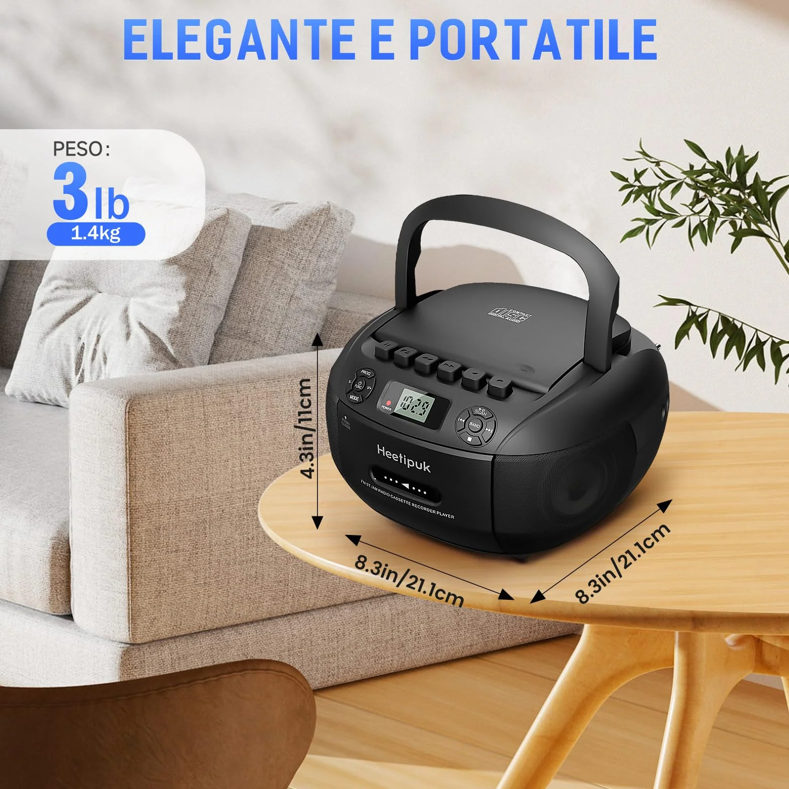 Lettore CD Radio Portatile, CD Player FM/AM con Jack per Cuffie, Stereo Cassa Bluetooth, lettore CD a Cassette con Ingresso Audio USB/AUX, Display LCD per Casa, Regalo (Nero)