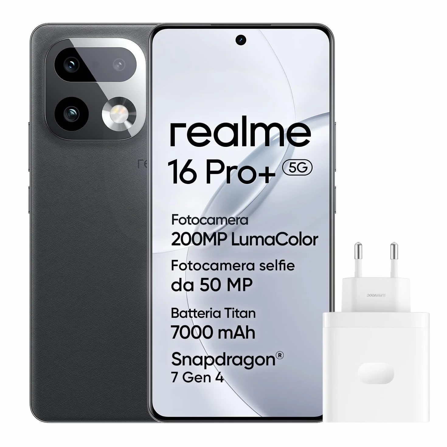 realme 16 Pro+ 5G Smartphone, 12+512GB, Fotocamera 200MP OIS, Obiettivo Ritratto 50MP, Batteria 7000mAh, Display Curvo 6,8" 144Hz, Ricarica 80W, Funzioni AI, Dual SIM, Grigio(con Adattatore)