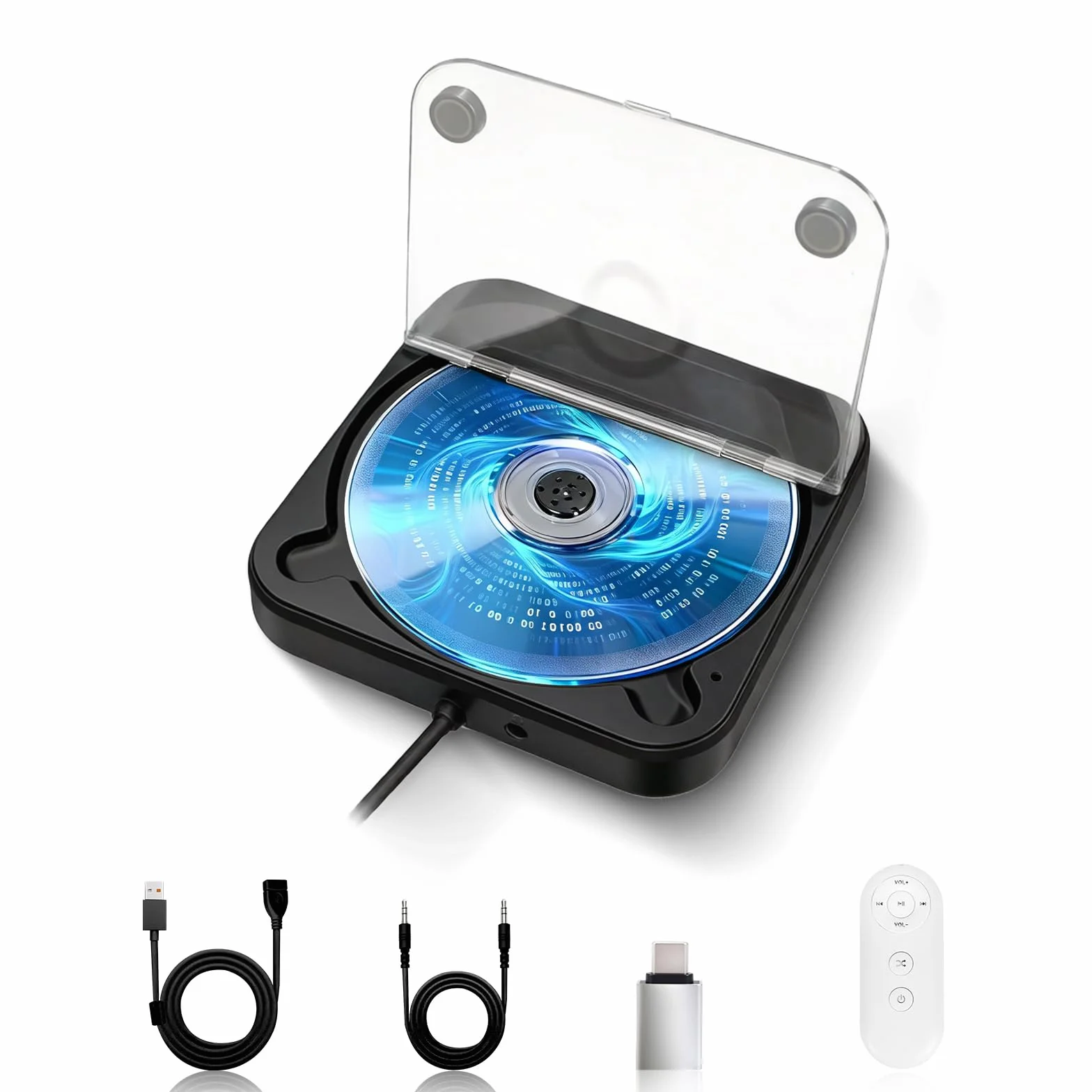 Lettore CD per auto con silicone anti-shock, porta USB, cavo prolunga, nero