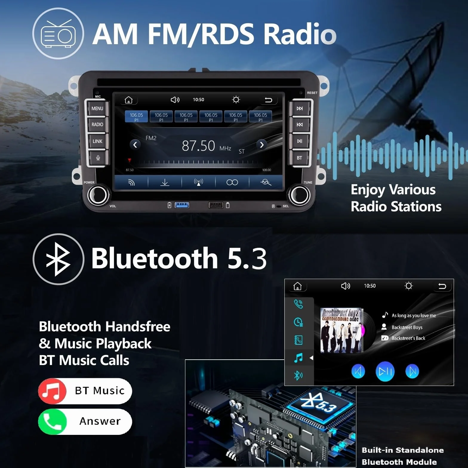 Autoradio per Golf 5/Golf 6, Schermo Touch da 7 Pollici con Wireless CarPlay & Android Auto, Plug and Play, Bluetooth/AM/FM/SWC/DSP/Mirror Link per VW T5, Polo 5, Passat, Skoda, Jetta, Toura
