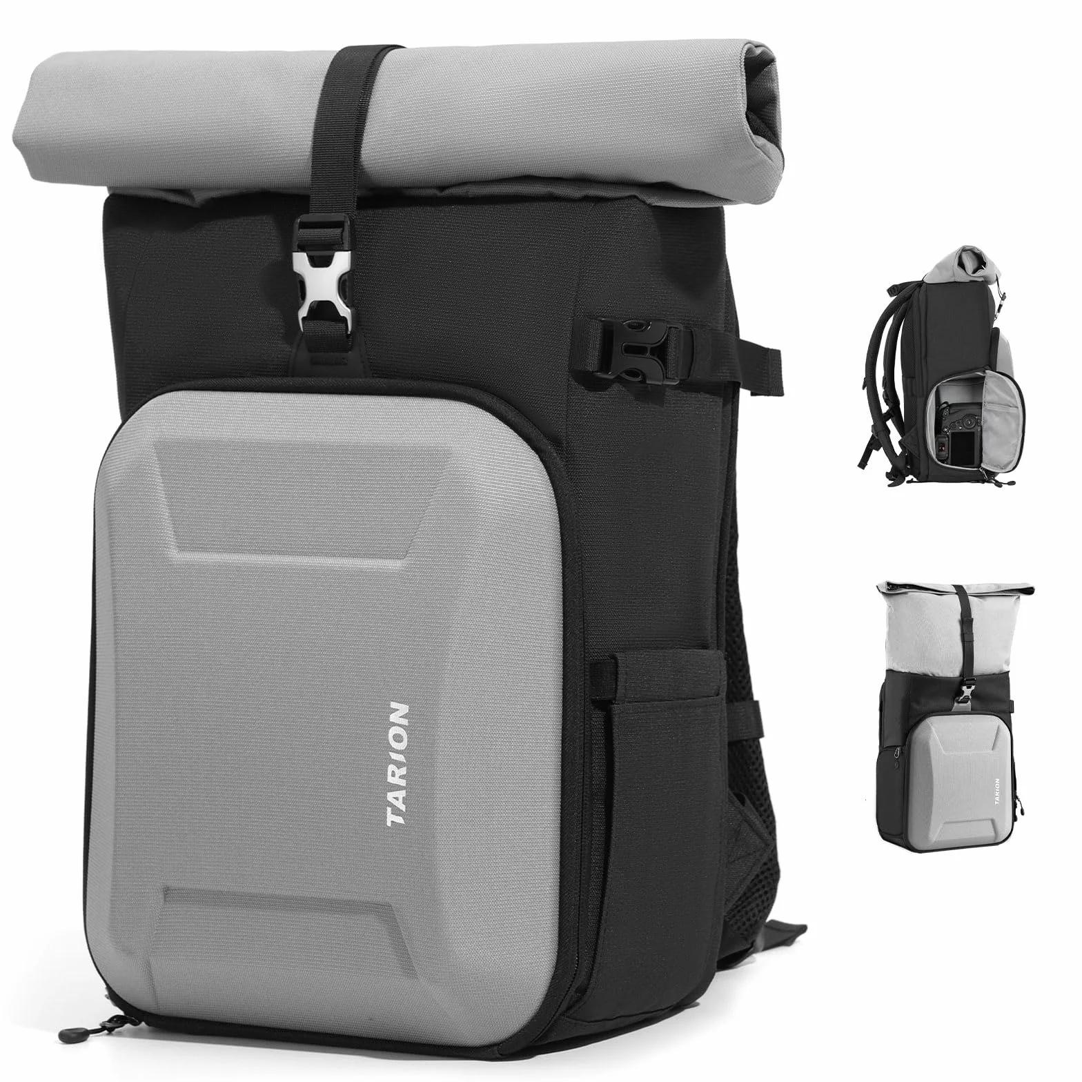 TARION Zaino Fotografico Fotocamera Rolltop: Zaino Fotocamera Reflex Impermeabile con Borsa Fotografica Scomparto per Laptop da 16 Copertura Antipioggia per DSLR SLR Mirrorless (Grigio)