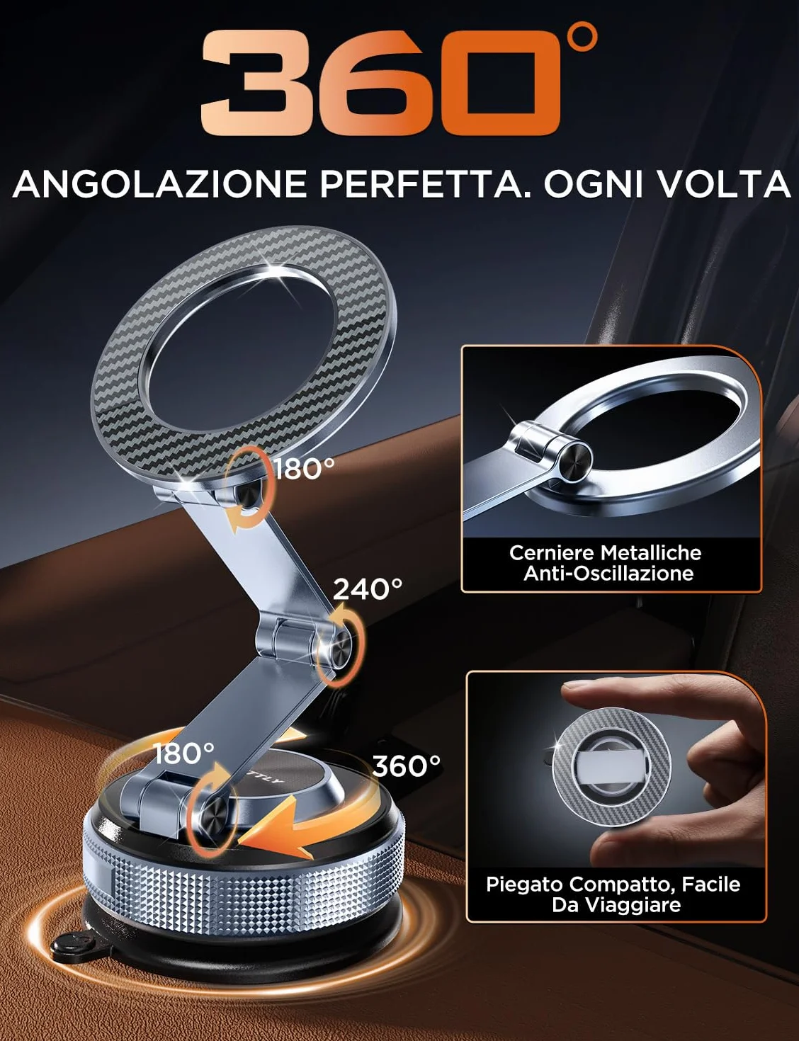 MSXTTLY Supporto Magnetico Cellulare Auto, 2026 Vmag-S3 Forte Ventosa, Rotazione 360°, Compatibile con iPhone 17–12 e Android, Nero