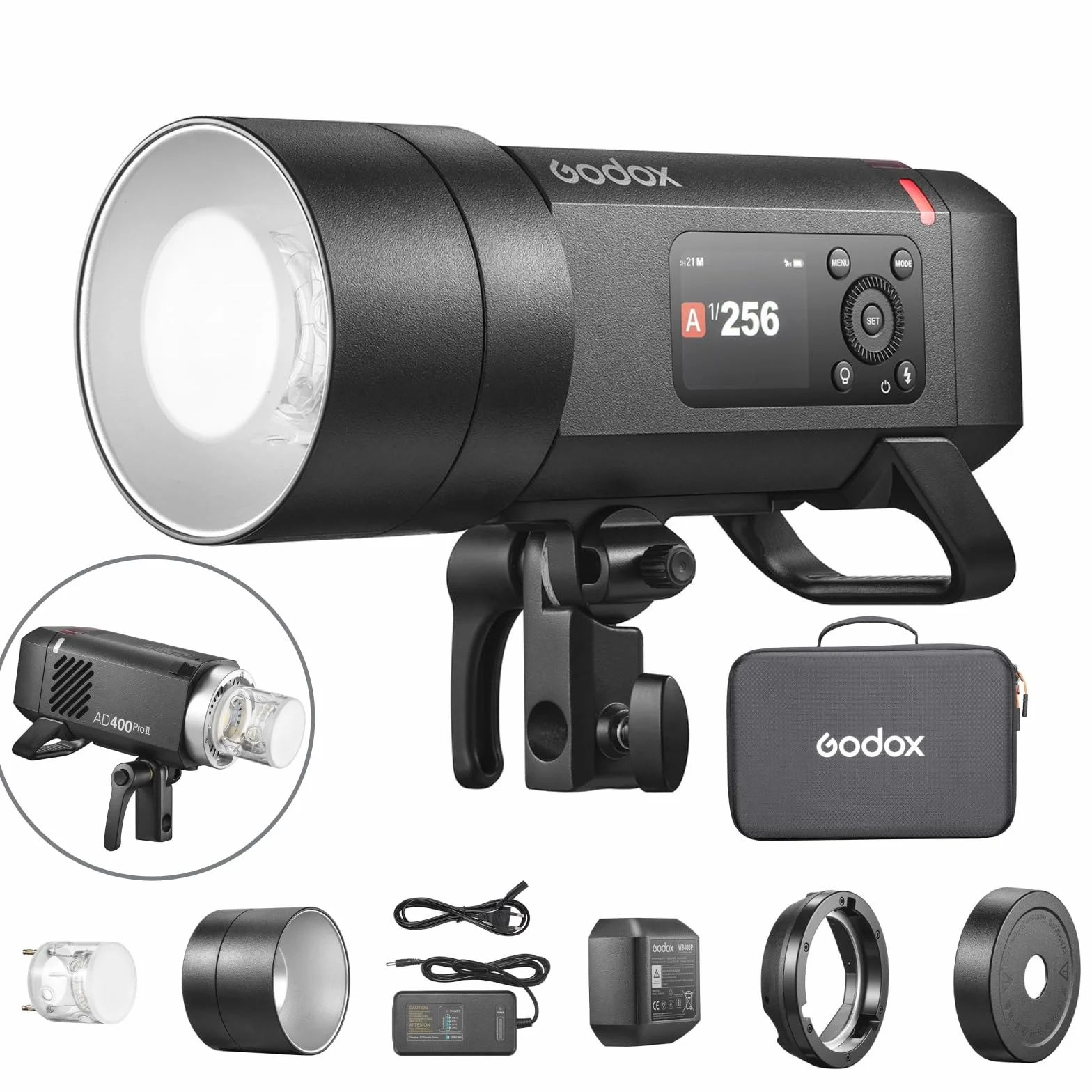 Godox AD400ProII - Testine flash, 400 W, TTL, Speedlite wireless, 1/8000s HSS, tempo di ricarica 0.01-1s con luce di regolazione Bi-Color Godox Mount e adattatore esterno Bowens Mount