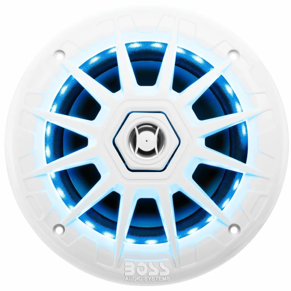 KIT SET PER BOSS AUDIO SYSTEMS MRGB65 2 altoparlanti marini full range a 2 vie da 6,5" 16,5 cm 165 mm, 100 watt rms 200 watt max, 4 ohm, impermeabili, con led rgb, a coppia + telecomando