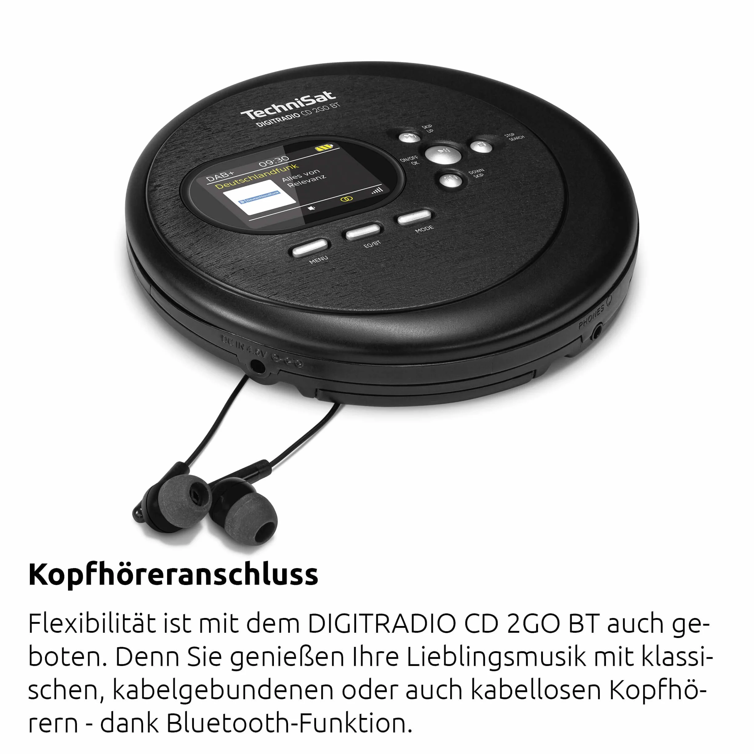 TechniSat DIGITRADIO CD 2GO BT - radio portatile DAB+ con lettore CD (DAB+, FM, MP3 con funzione resume, Bluetooth, ASP, jack per cuffie, equalizzatore, memoria preferita) nero