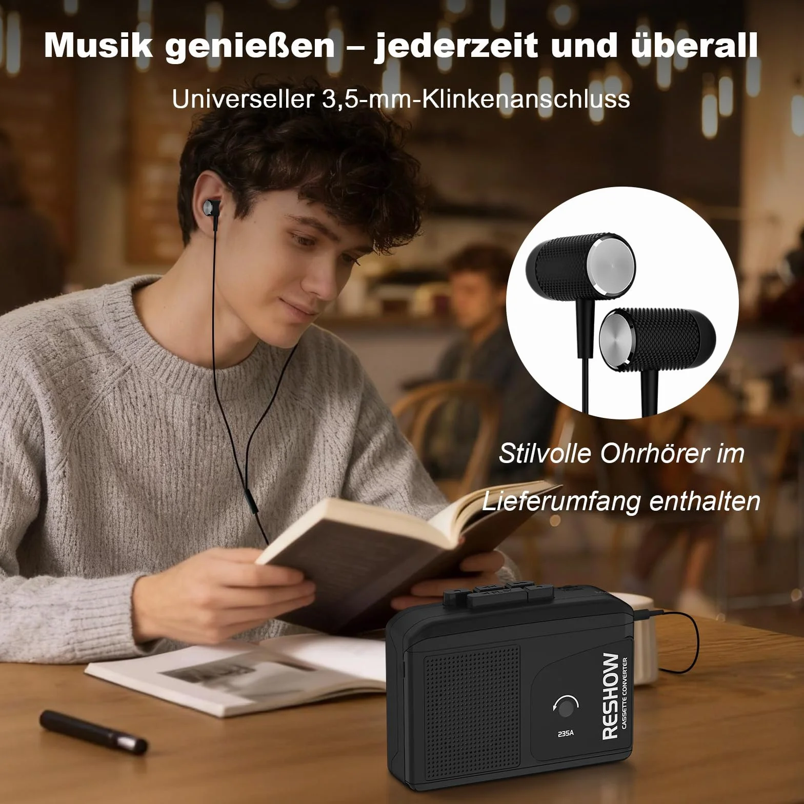 Reshow Registratore a cassette portatile con microfono integrato e altoparlante convertitore USB MP3 nero