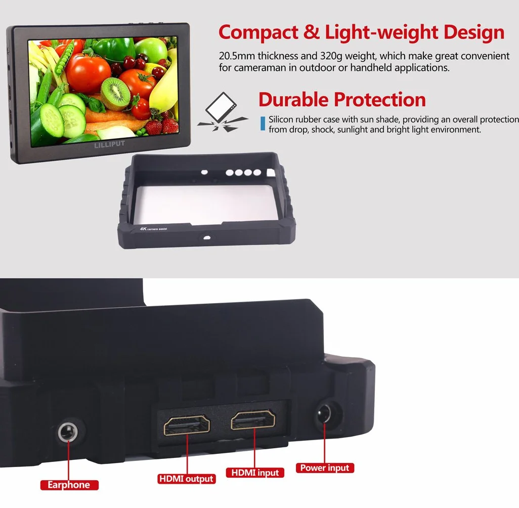 nero Lilliput A7S 7 pollici 1920x1200 IPS Screen Camera Field Monitor 4K HDMI Input output DSLR Camera A7 A7R A7S II A6500 GH4 GH5 5D Mark IV 6D 7D 70D 80D Ronin M