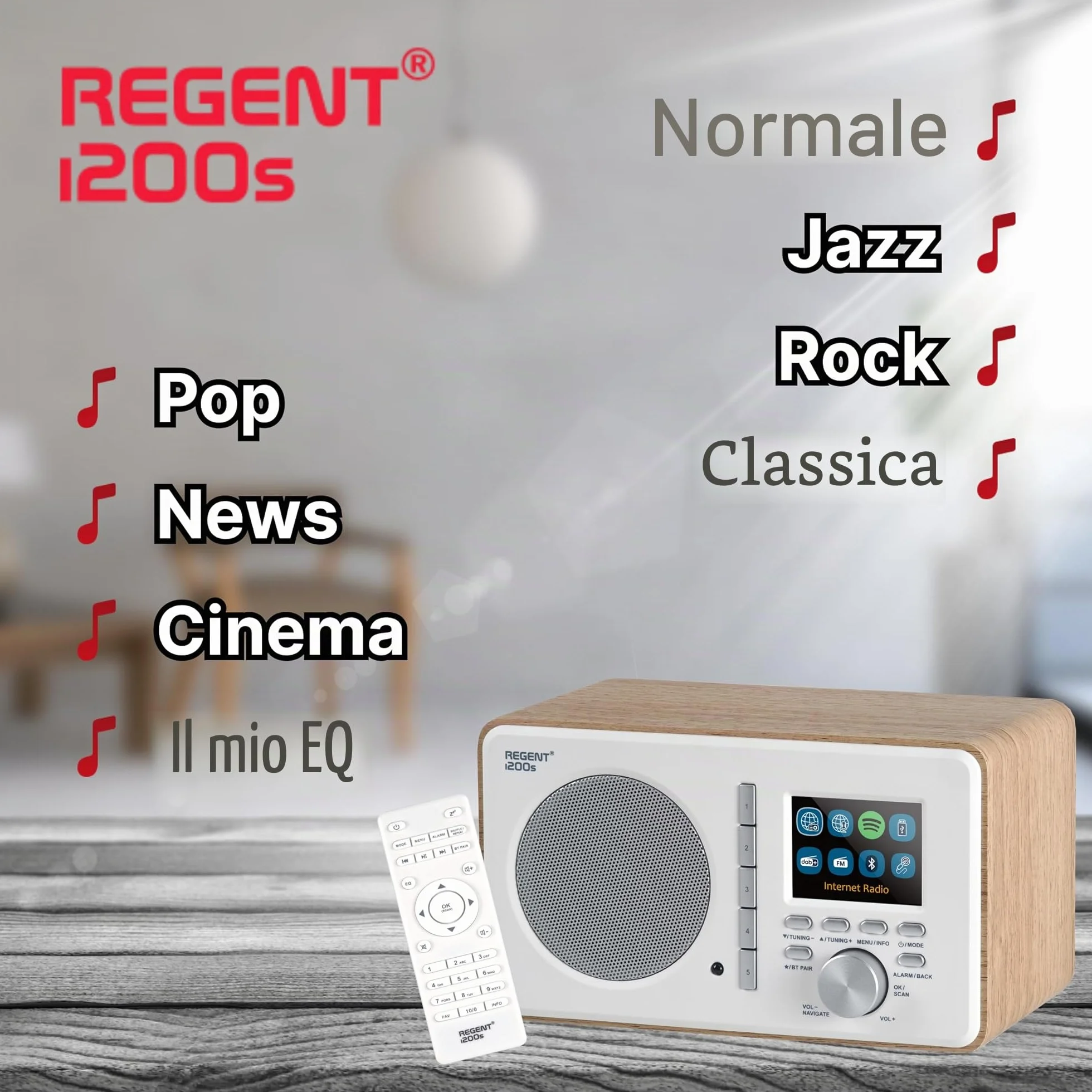 Ferguson Regent i200s Radio Internet WLAN Bluetooth FM DAB DAB+ UHF Spotify Connect Radiosveglia Equalizzatore Display a colori USB AUX-IN Sleep Timer Controllo App Telecomando