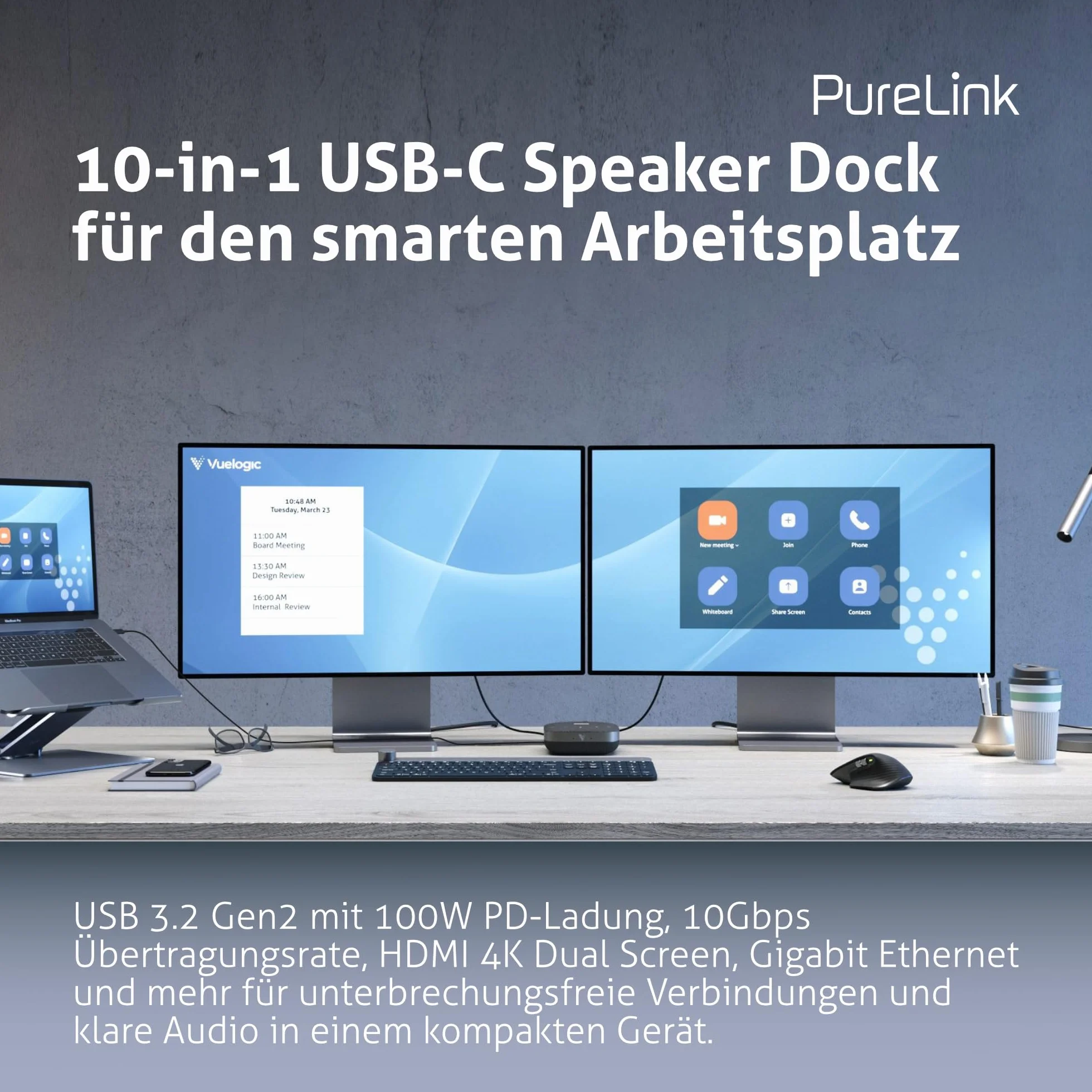 Vuelogic - Docking station USB C, 10 in 1, multifunzione per laptop, docking station portatile 2 monitor 4K, HDMI Hub, PD Power Delivery, altoparlante audio microfono, Ethernet, LAN, nero