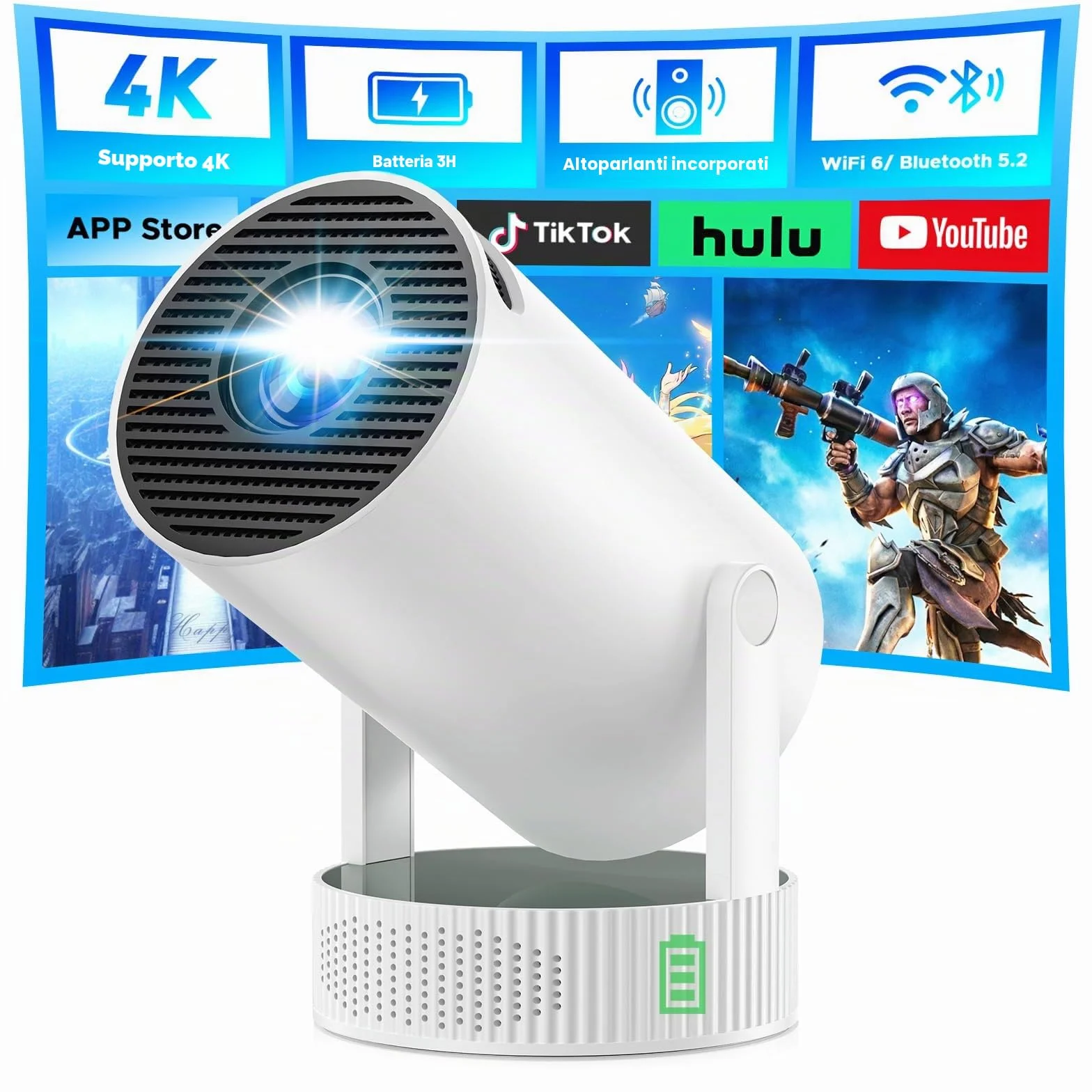 Videoproiettore Portatile con Batteria, Mini Proiettore con supporto risoluzione 4K Android TV 11 WiFi 6 Bluetooth, 3 Ore Autonomia, Esterno Campeggio Giardino, 220° Rotazione, Cinema Casa All'Aperto