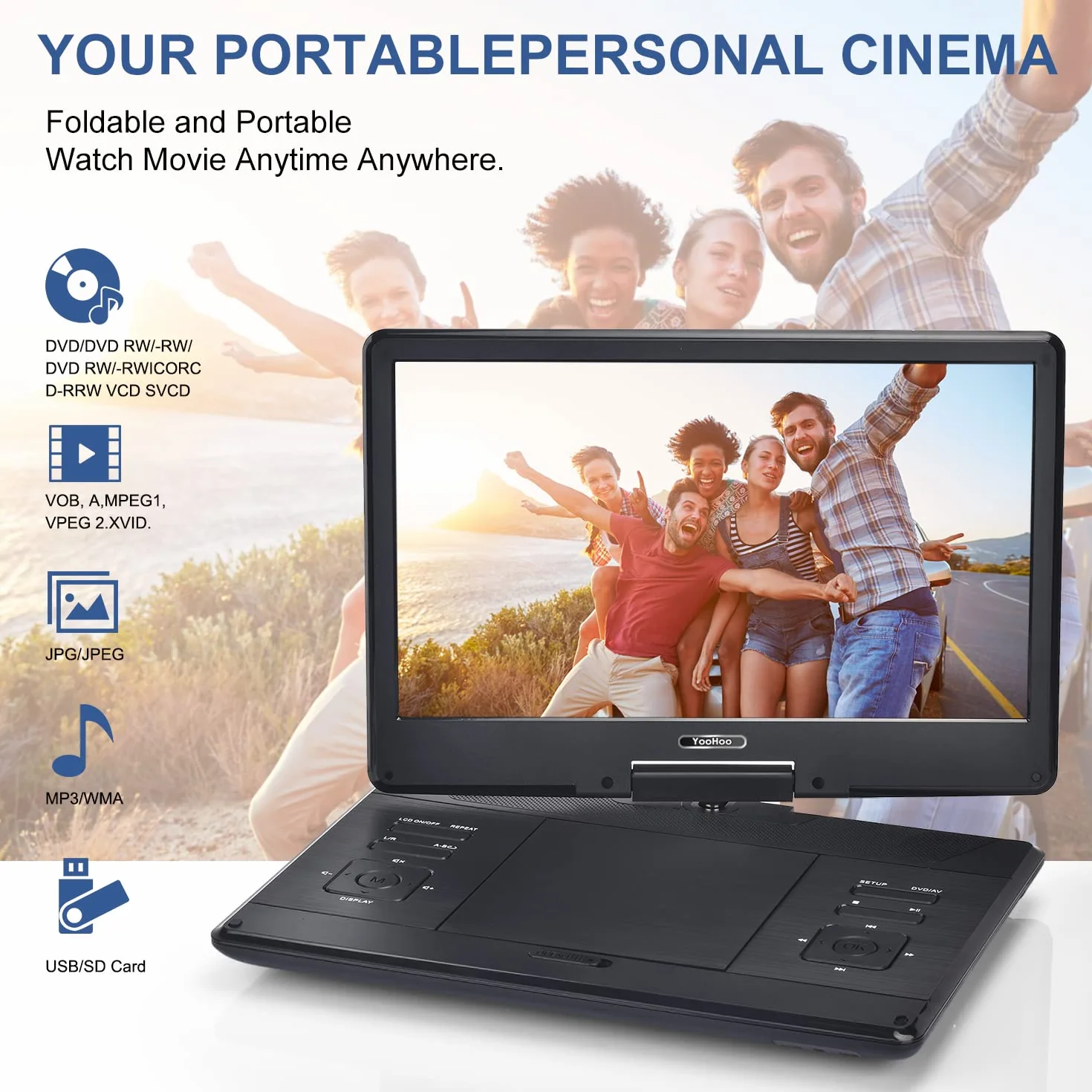 YOOHOO Lettore DVD portatile da 16,9" con grande schermo girevole da 14,1", con batteria ricaricabile, lettore DVD mobile per bambini, sincronizzazione TV, supporta scheda USB SD con caricatore per