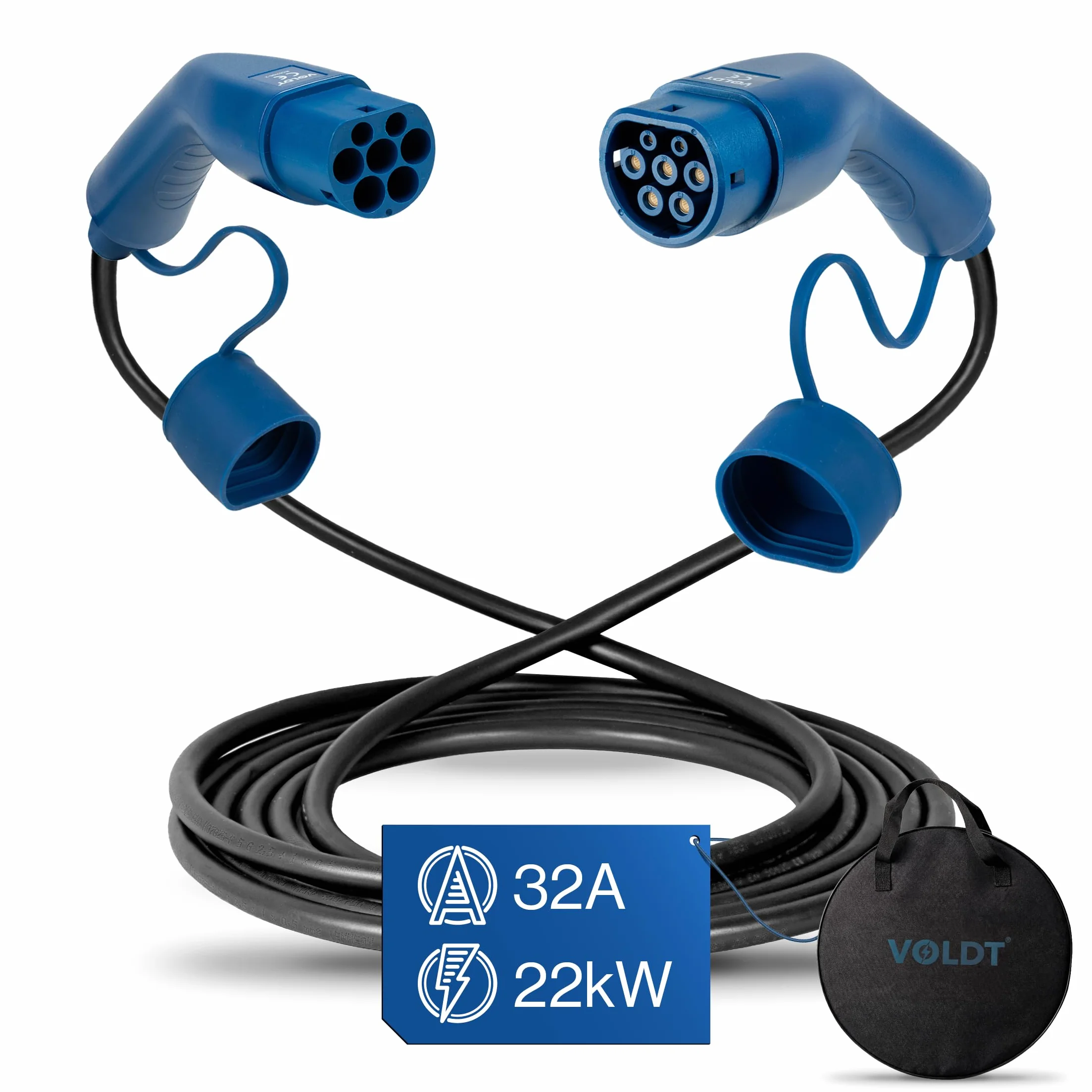 Voldt Cavo di Ricarica Tipo 2 22 kW 32 A, 3-fase per Auto Elettriche EV PHEV, Cavo di Ricarica Tipo 2 a Tipo 2 Modalità 3, Adatto per Modello S/X/Y/3, ID.4, E-Tron, e-208, I4, IX1, Zoe, Protezione