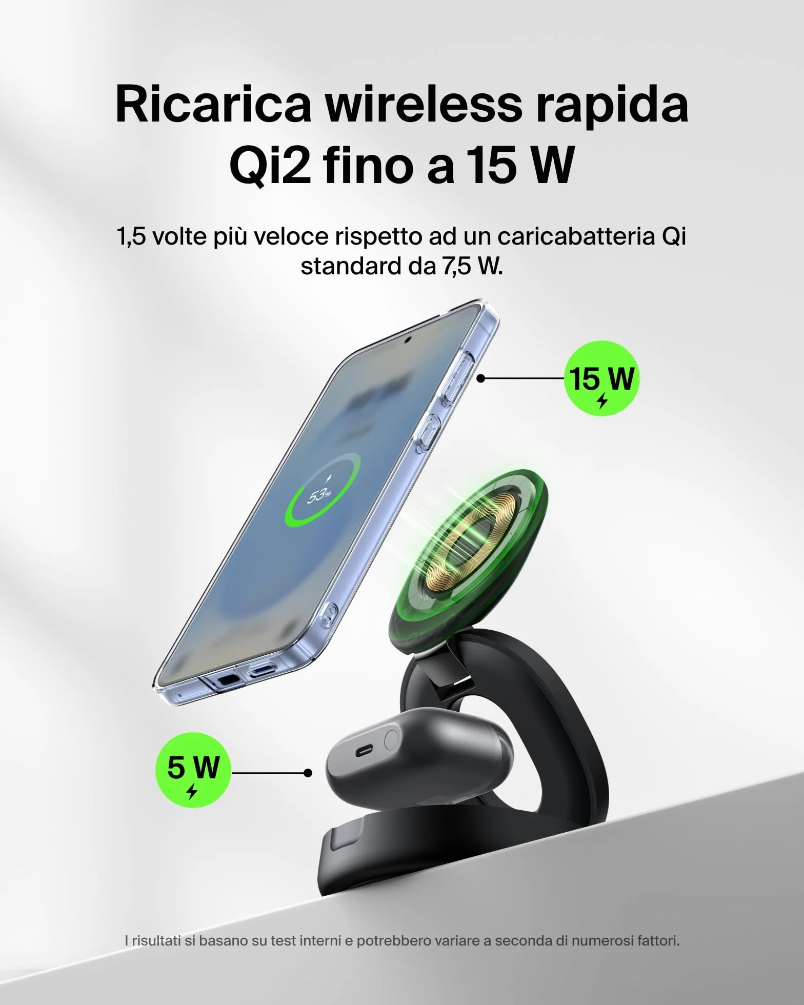 Belkin 2 in 1 Caricatore Wireless, Stazione di Ricarica Wireless 15 W, Caricatore Qi2 con MagSafe per iPhone 16 e AirPods, base piena antiscivolo, alimentatore da 30W - Nero