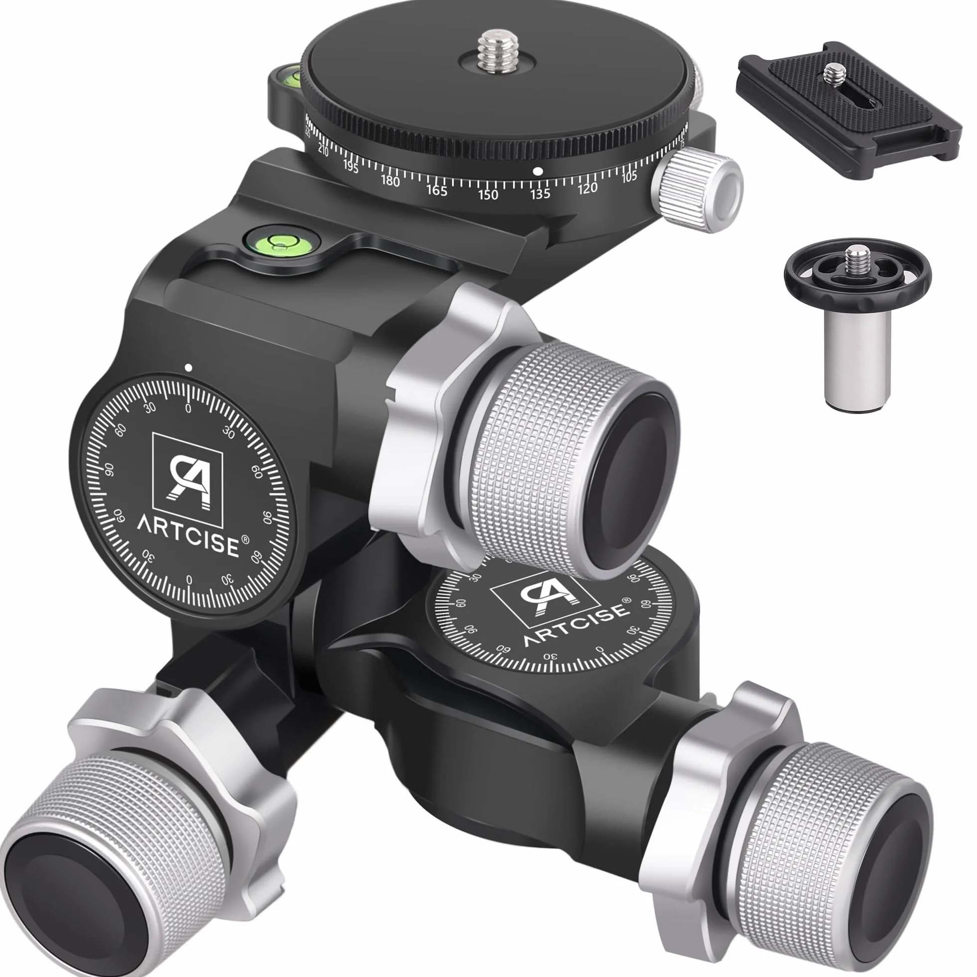 Testa per treppiede a 3 vie, testa per treppiede a ingranaggi ARTCISE con piastra QR tipo Arca e piastra QR panoramica a 360° tipo Arca, microregolazione millimetrica, carico massimo 6 kg