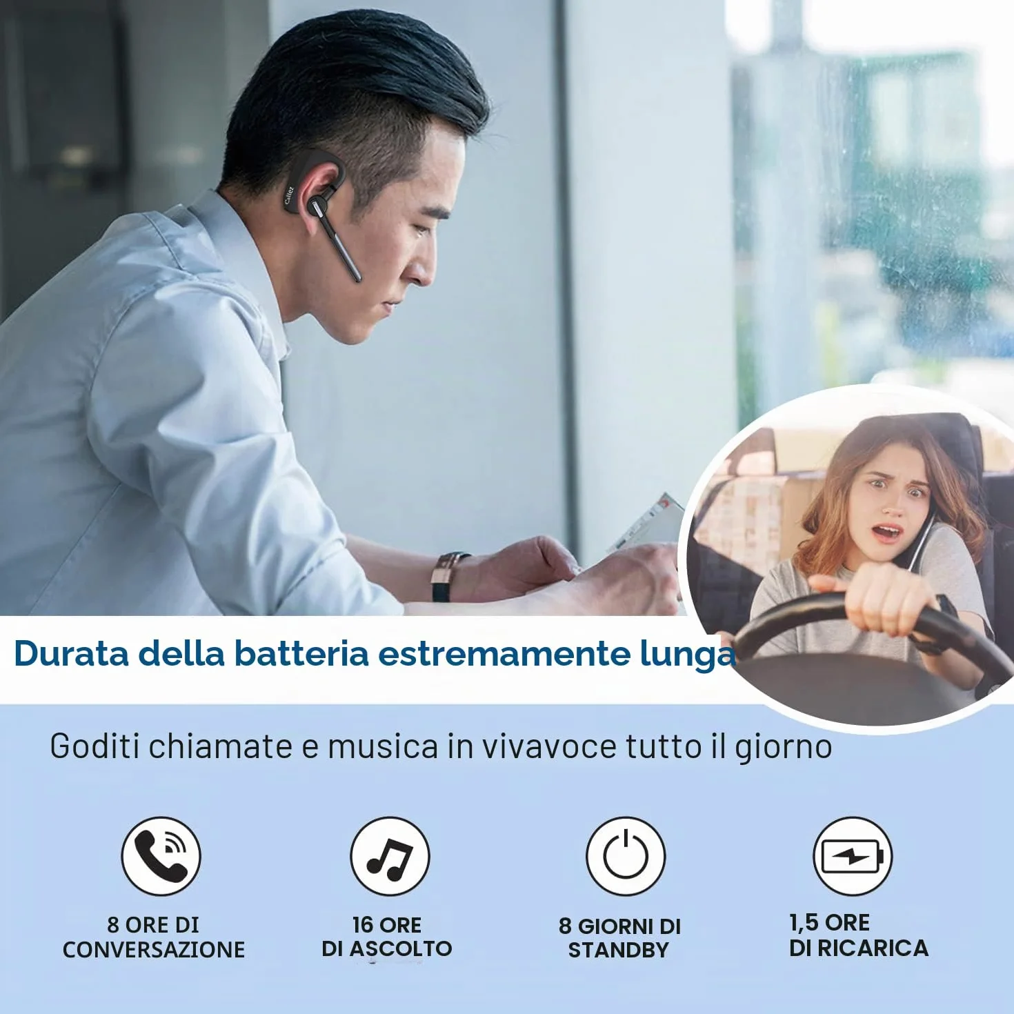 Auricolare Bluetooth con Doppio Microfono CVC8.0 Cancellazione del Rumore, Auricolari Bluetooth Singolo V5.0 Cuffie Wireless Compatibile con iPhone Samsung Cellulare Guida Lavoro Ufficio Super Leggero