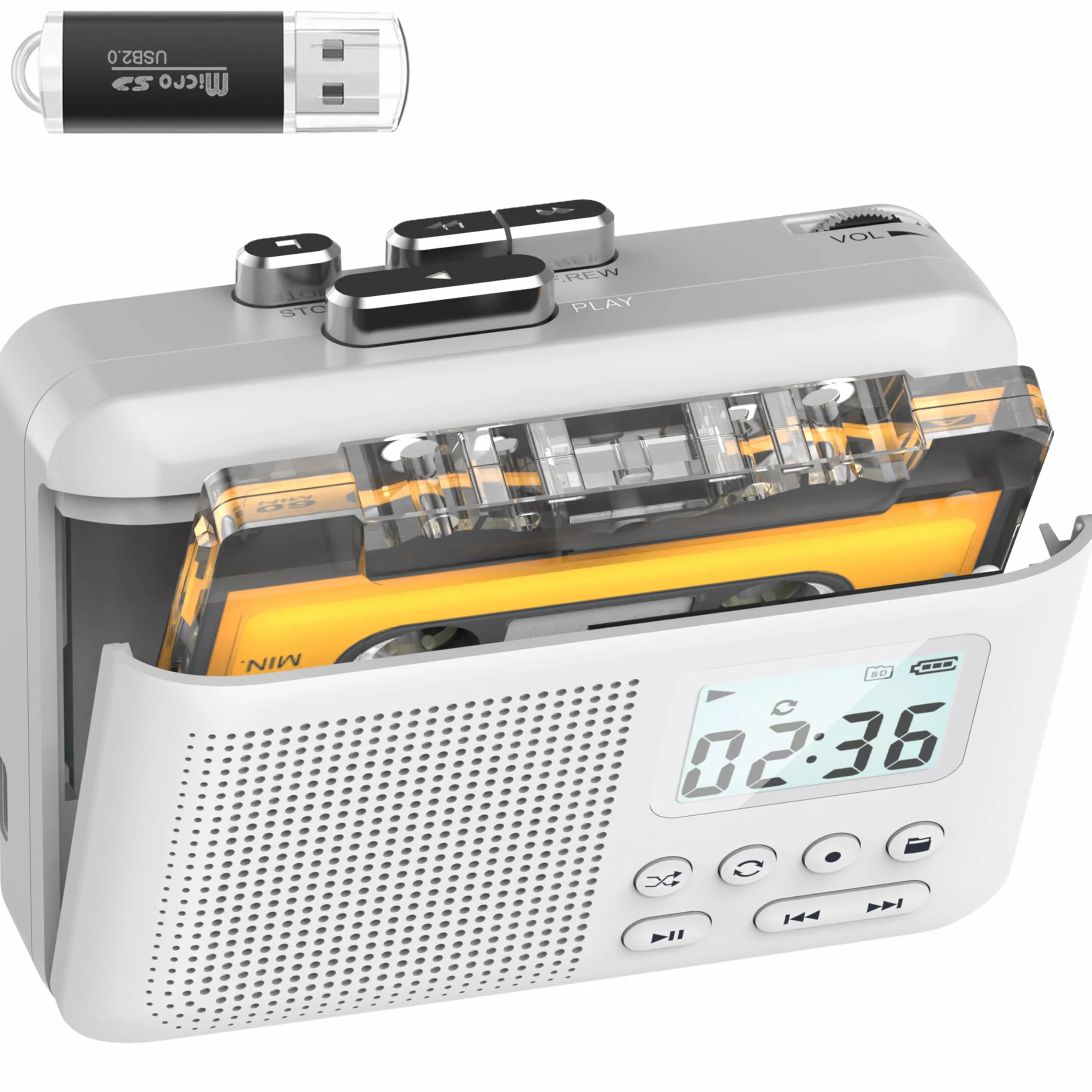 Gracioso Convertitore registratore portatile per cassette a MP3 con scheda SD, batteria ricaricabile 1000mAh, microfono e altoparlante integrati