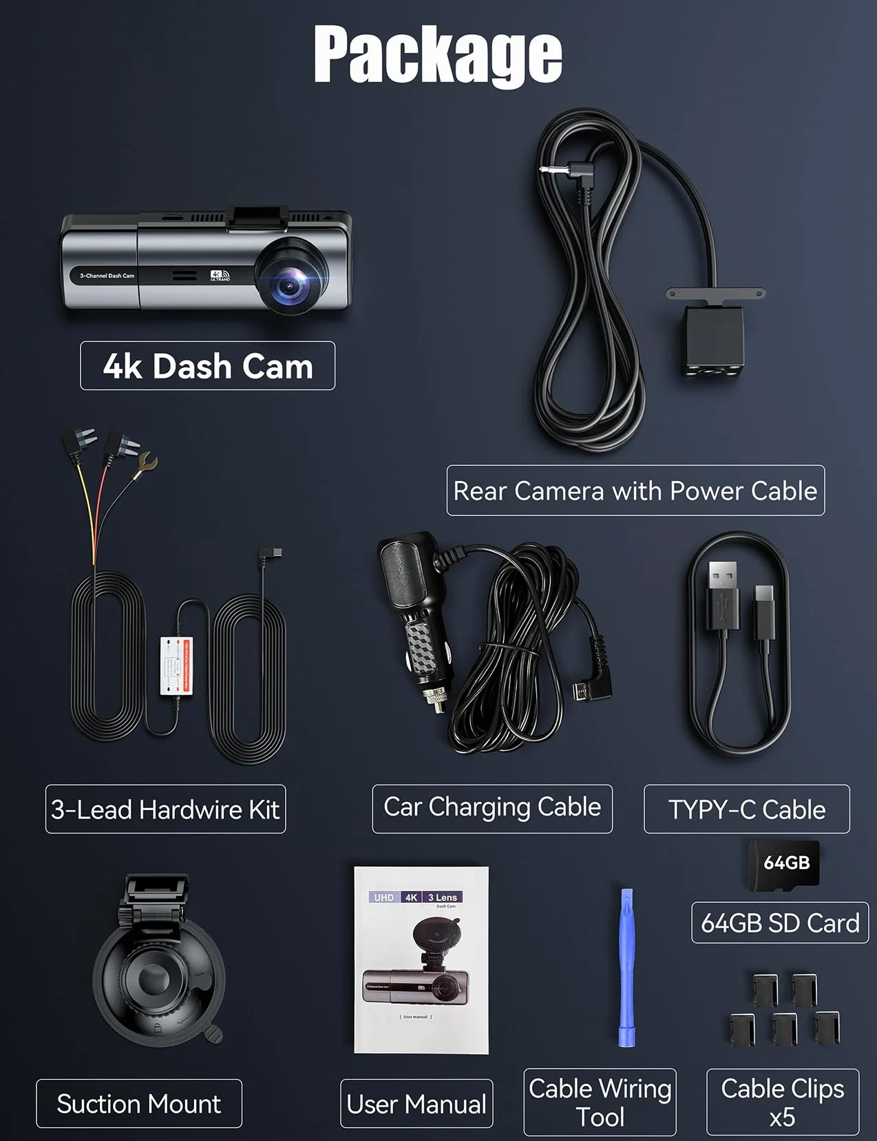 Dashcam 4K 3-Canali, 3,17" Display IPS Dash Cam, Telecamera Auto con WiFi & App, Grandangolo 170°, Sensore G, Visione Notturna, Registrazione in Loop, Monitoraggio Parcheggio,Scheda SD da 64 GB