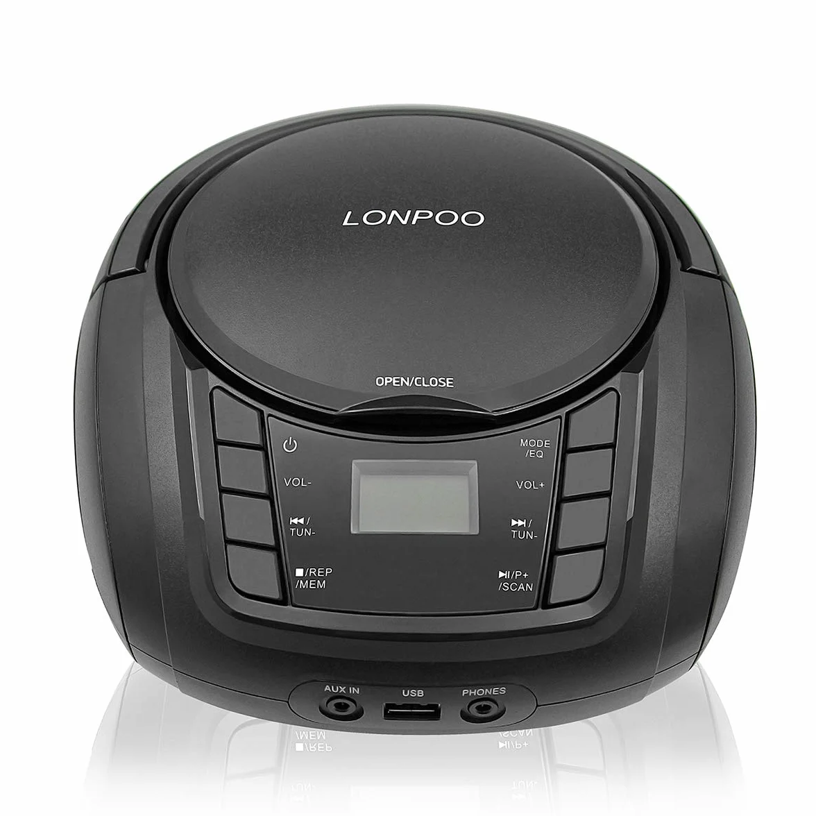 Lettore CD Portatile LONPOO Boombox Stereo Bluetooth con Altoparlanti Integrati, Ingresso USB, AUX, Uscita Cuffie (Black)