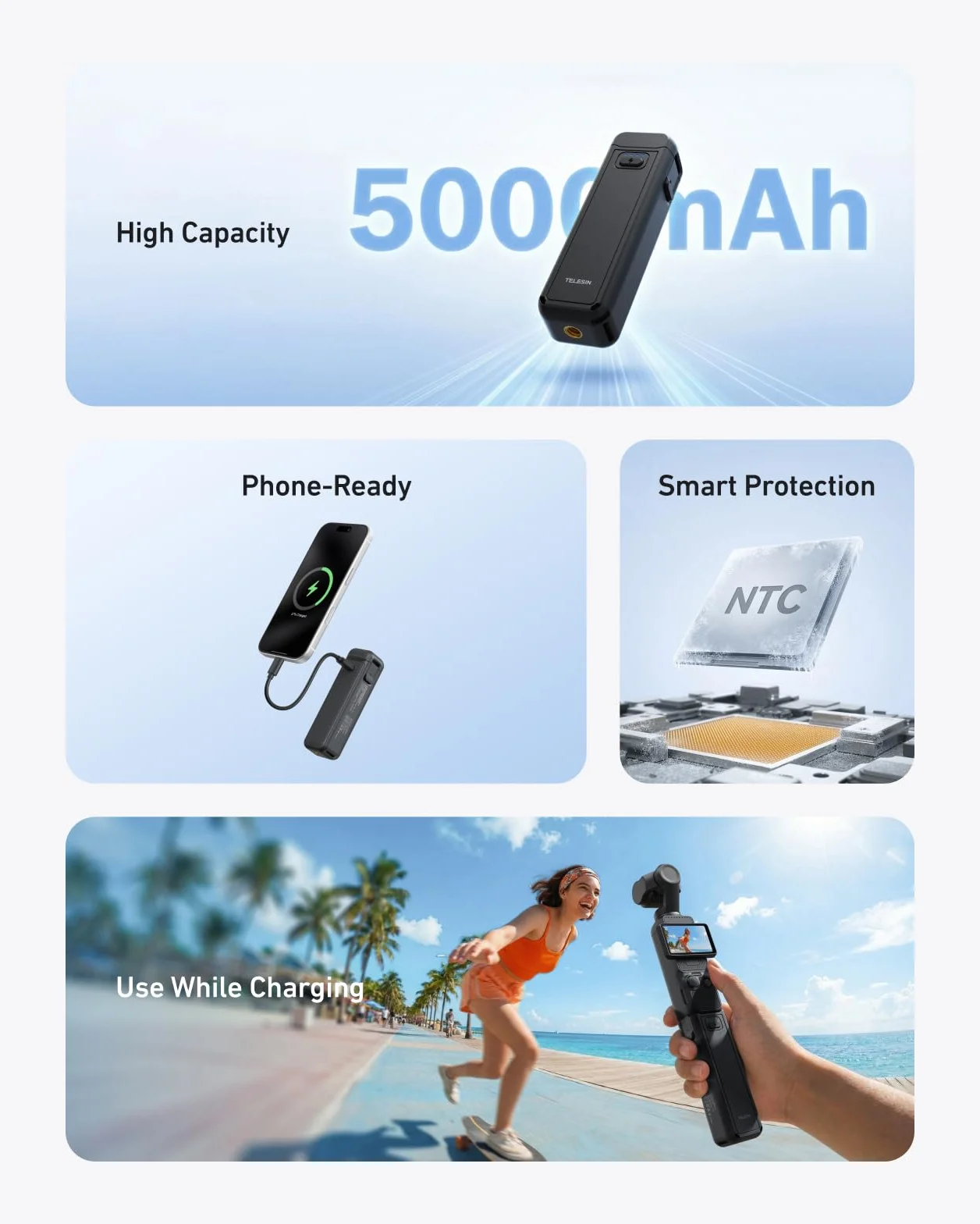 TELESIN Impugnatura Batteria con Treppiede per DJI Osmo Pocket 4/3, Power Grip 5000mAh, autonomia 1,3×, ricarica durante registrazione, grip vlog & treppiede portatile per viaggi e riprese outdoor