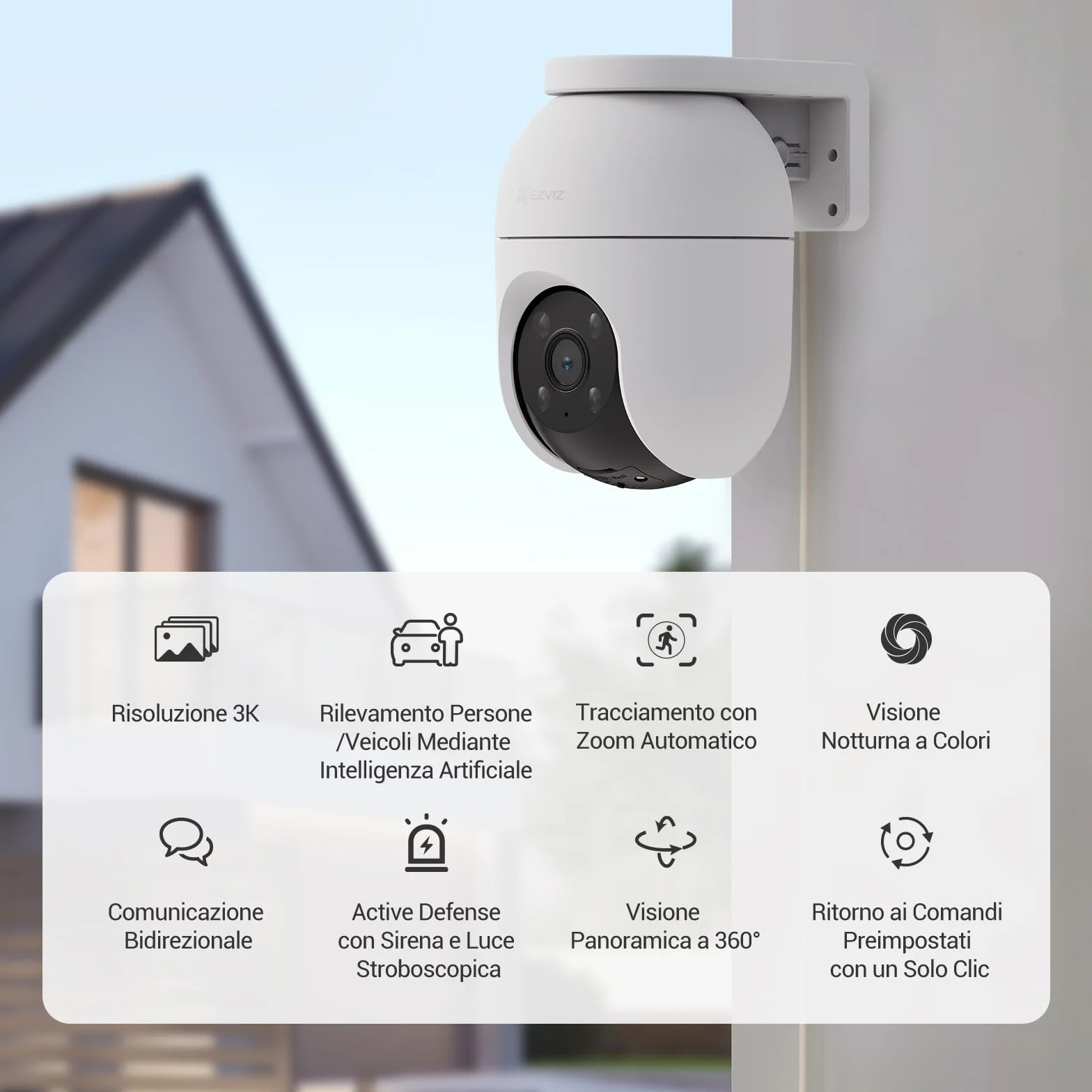 EZVIZ C8c 5MP Telecamera Wi-Fi Esterno 3K Motorizzata 360° Visione Notturna Colori Rilevamento Persone Veicoli Tracciamento Zoom Auto Alexa Google