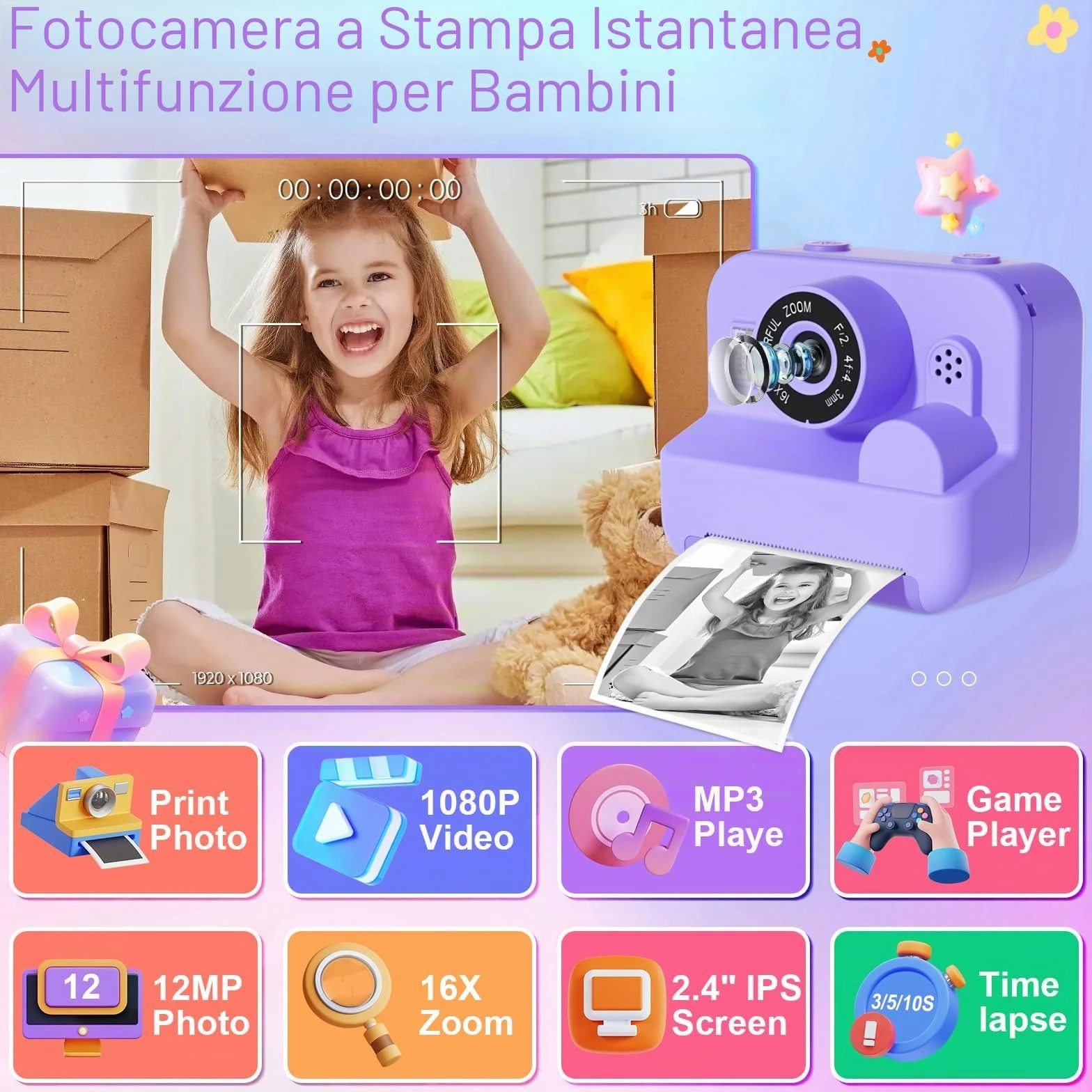 GKTZ Macchina Fotografica Bambini Istantanea - 1080P HD Digitale Macchina Fotografica Bambini Stampa con 32GB Scheda SD, Giocattolo Regali di Compleanno per Bambine di 4-12 Anni